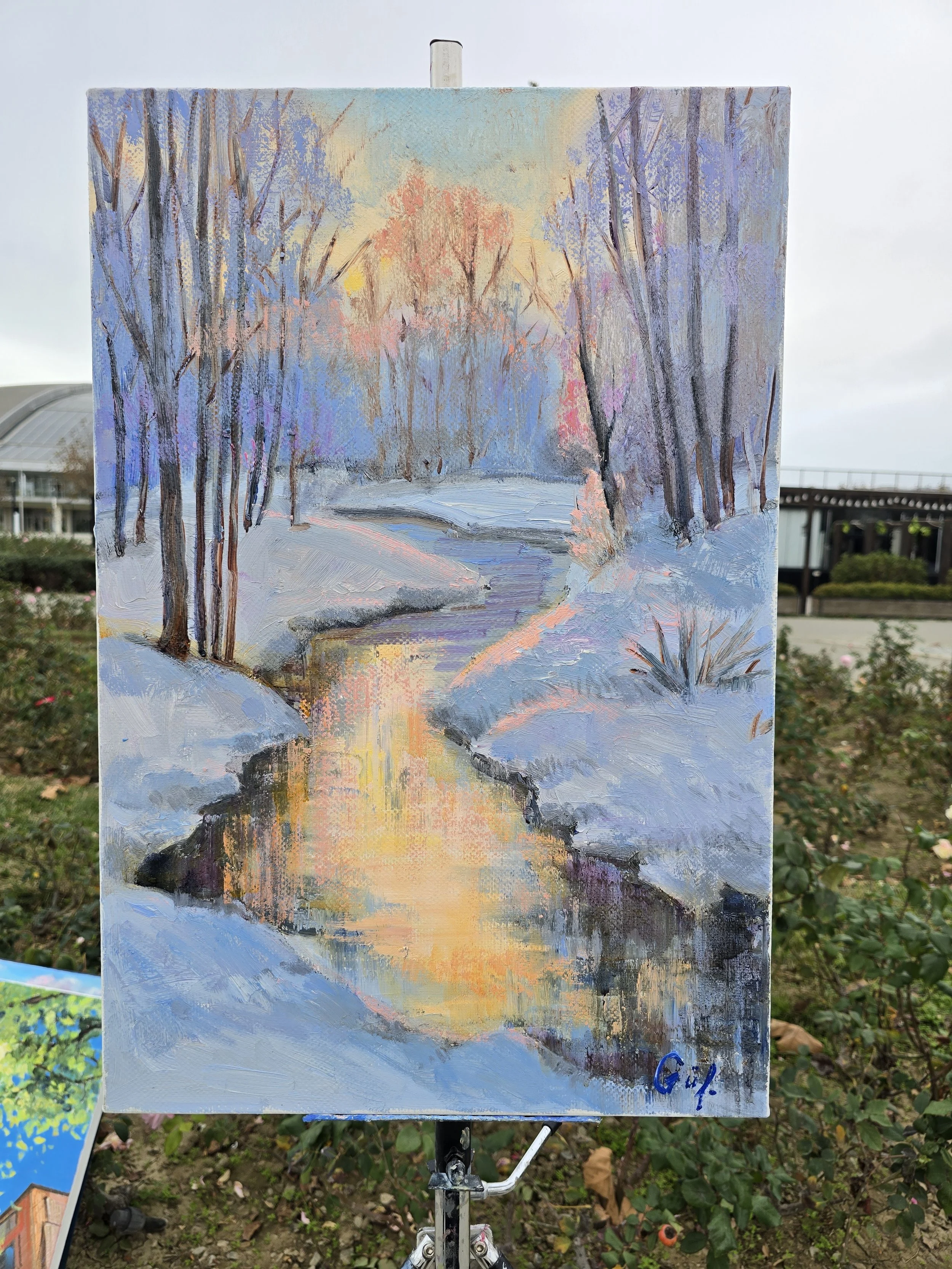 winter stream oil painting snow landscape river impressionist art calm tones blue