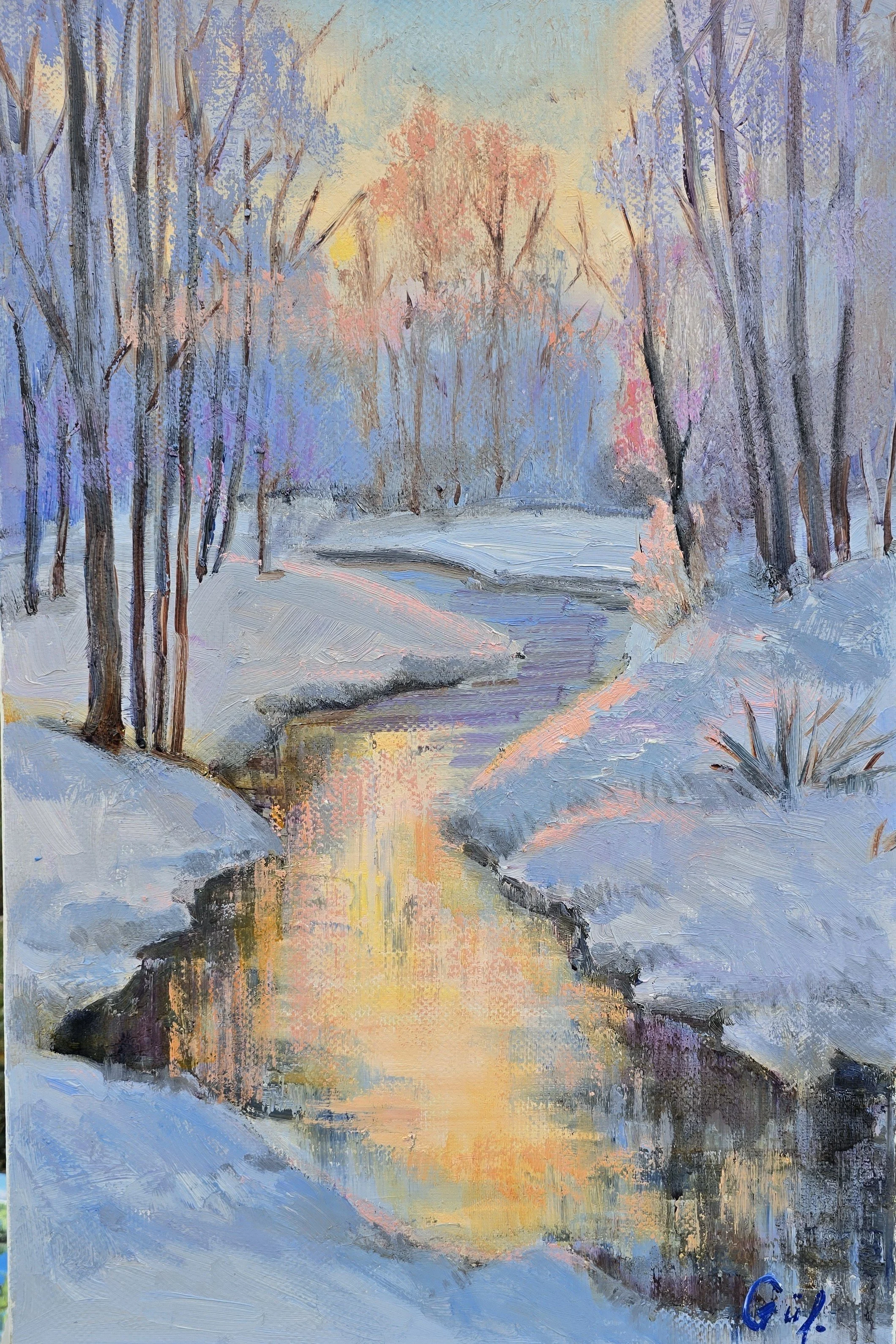 winter stream oil painting snow landscape river impressionist art calm tones