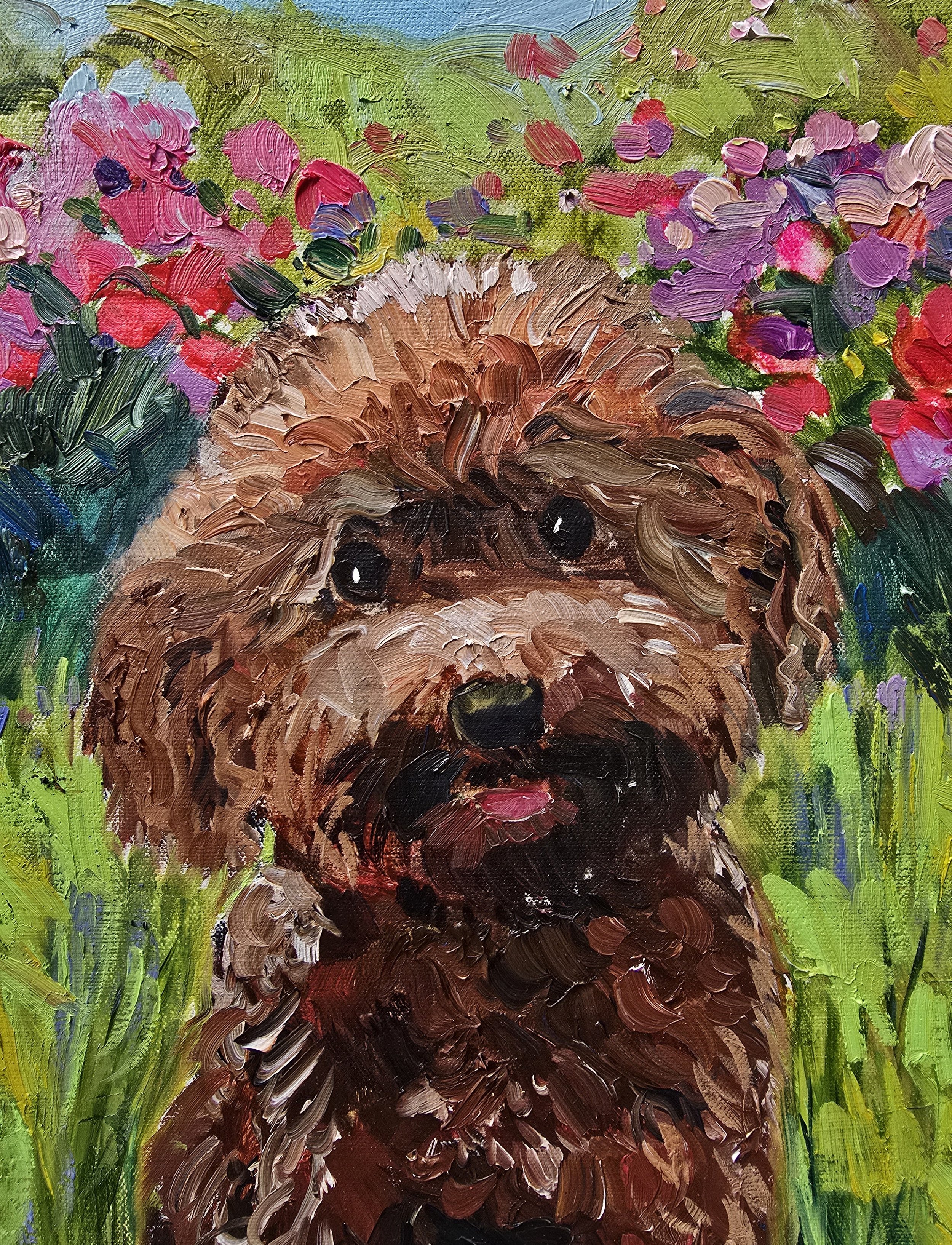 toy poodle oil painting pet portrait dog art warm green tones garden details
