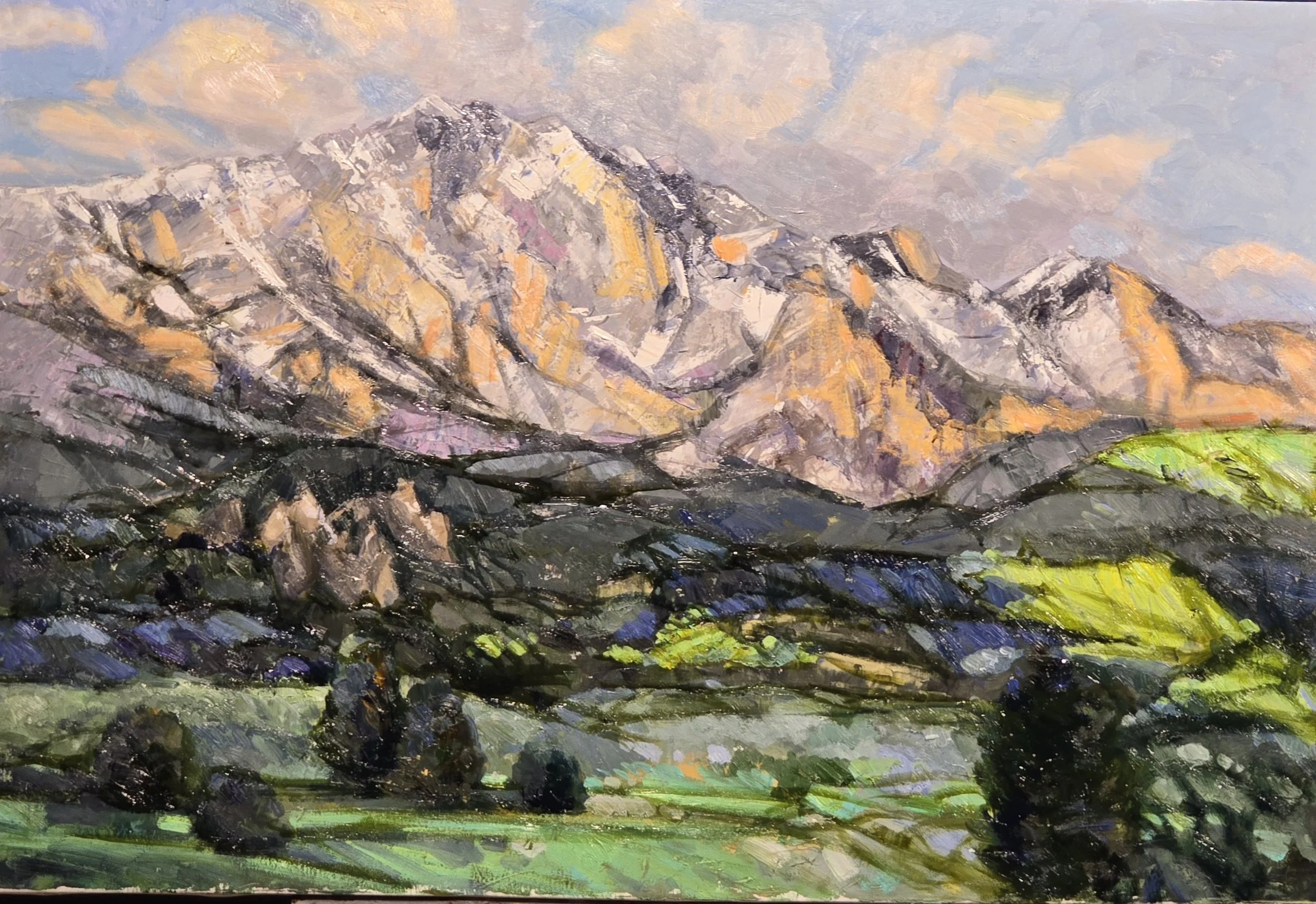 Golden Peaks abstract oil painting gold tones textured contemporary art