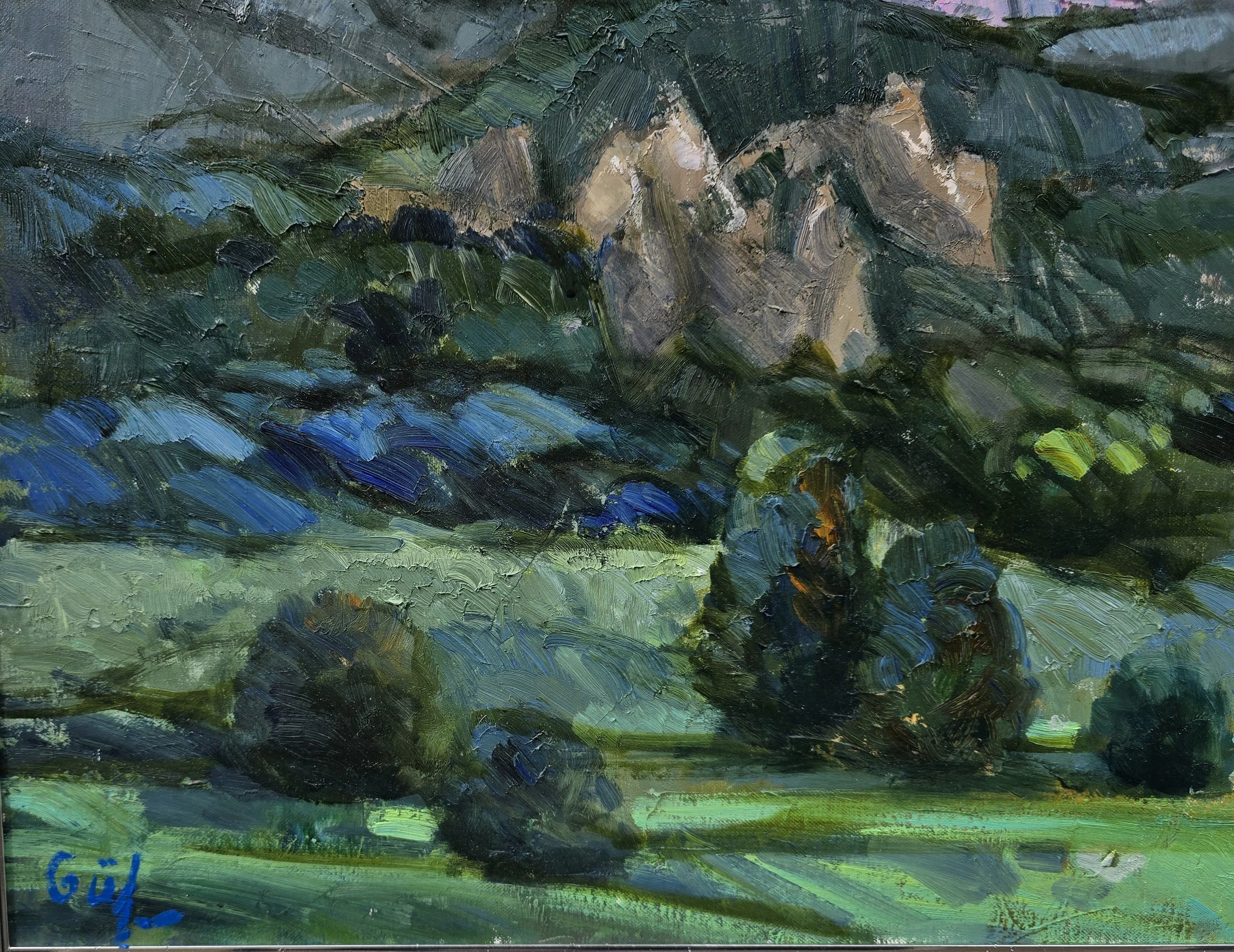 Golden Peaks abstract oil painting gold tones textured contemporary art