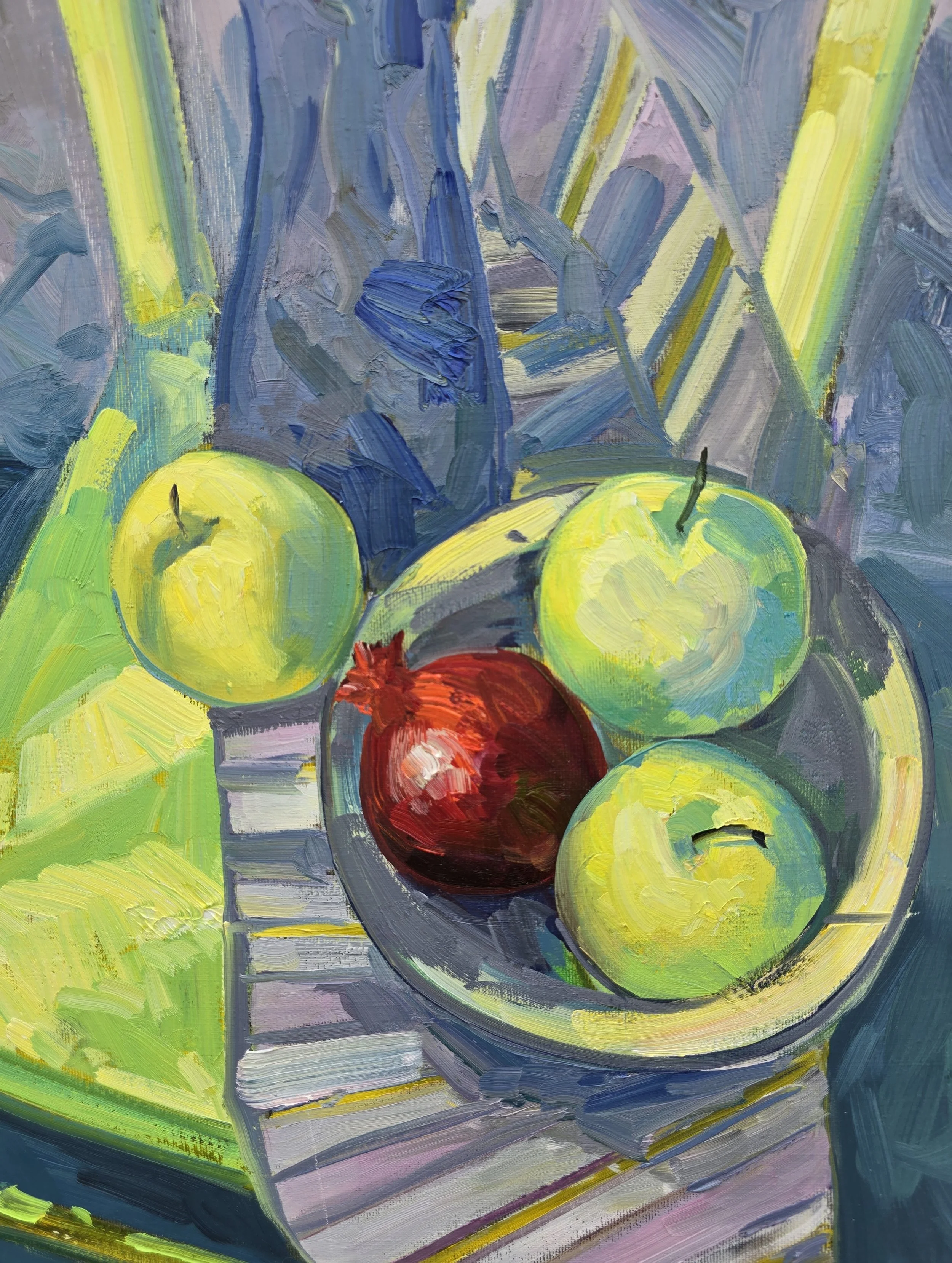 still life oil painting with apples pomegranate and fruit on a light green chair geometric lines composition