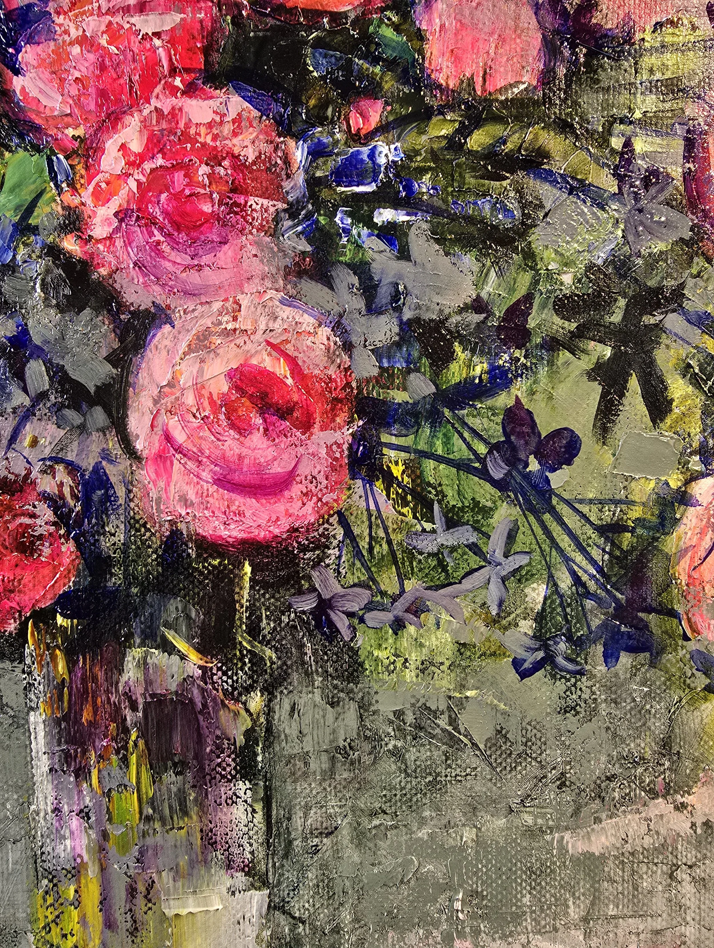 energy of roses abstract oil painting impressionist floral art red pink roses textured