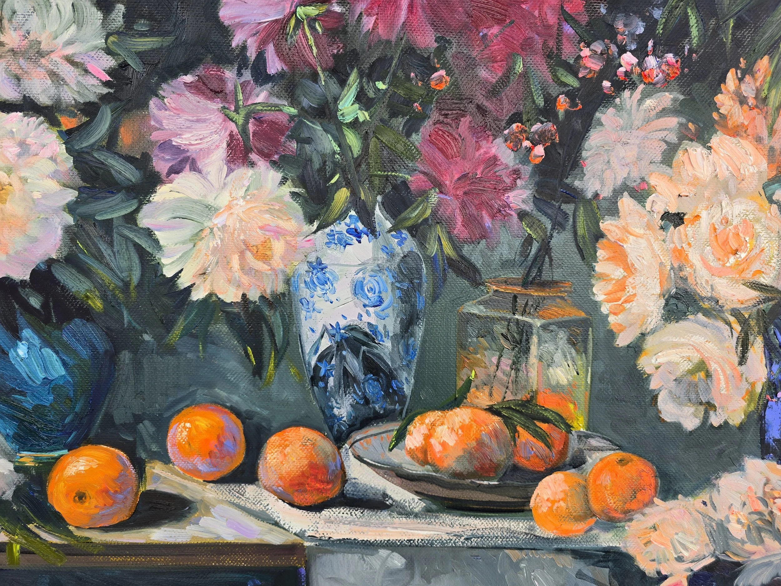 still life oil painting peonies and oranges flowers fruit composition colorful art