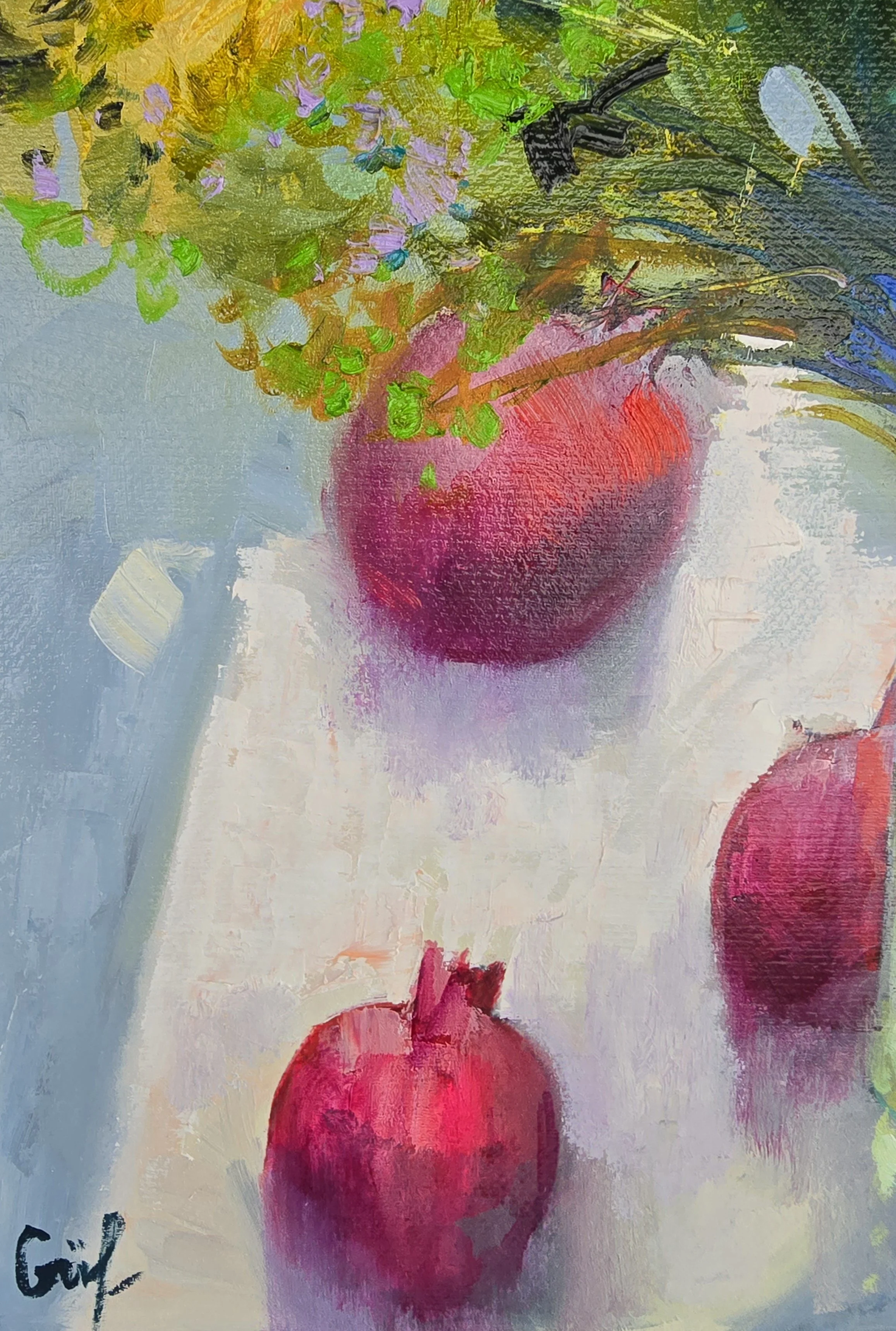 garden in glass still life oil painting flowers in vase impressionist art pomegranate details