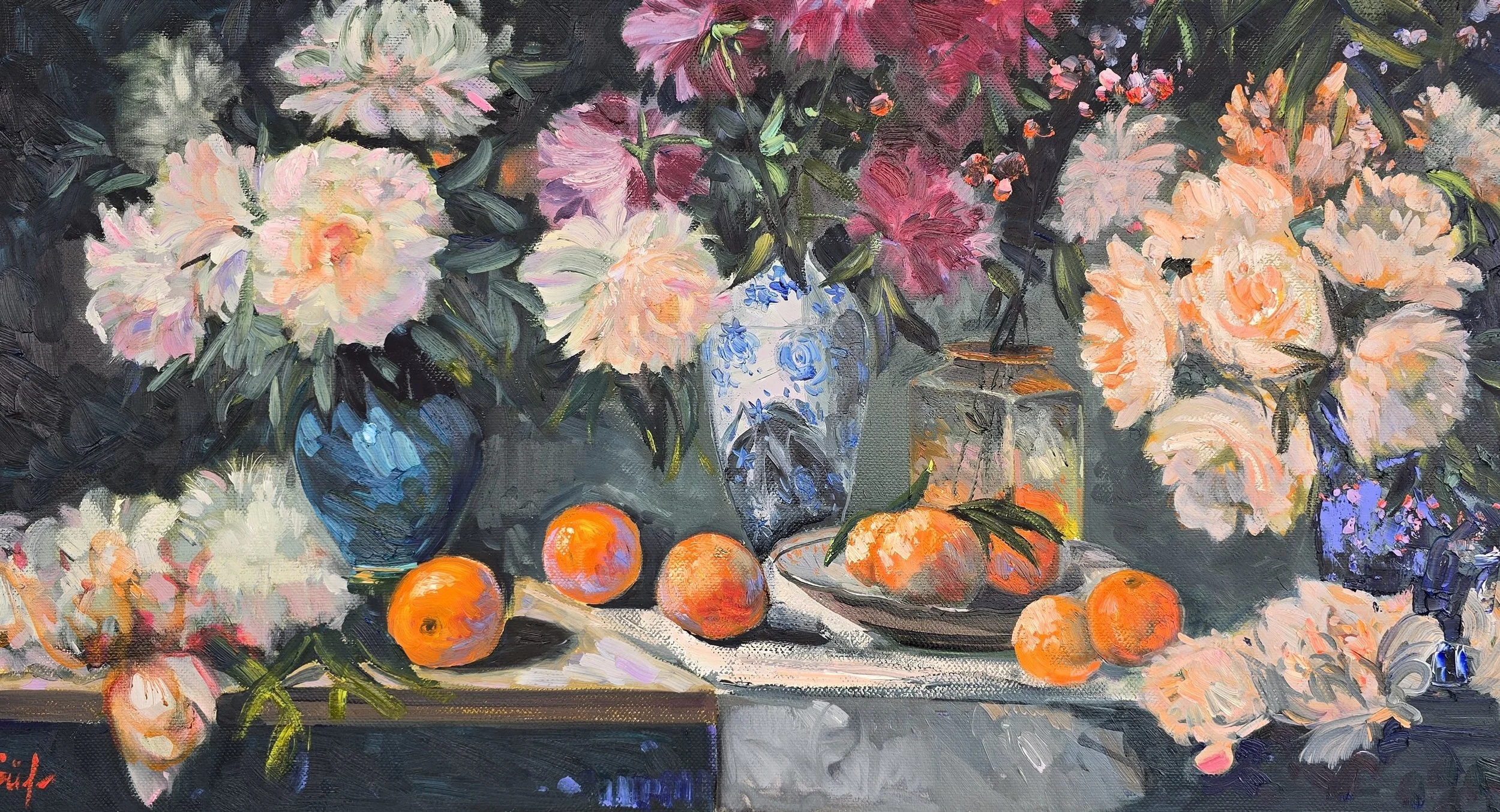 Still life oil painting of pink and white peonies in blue and white vases, with oranges on a table.