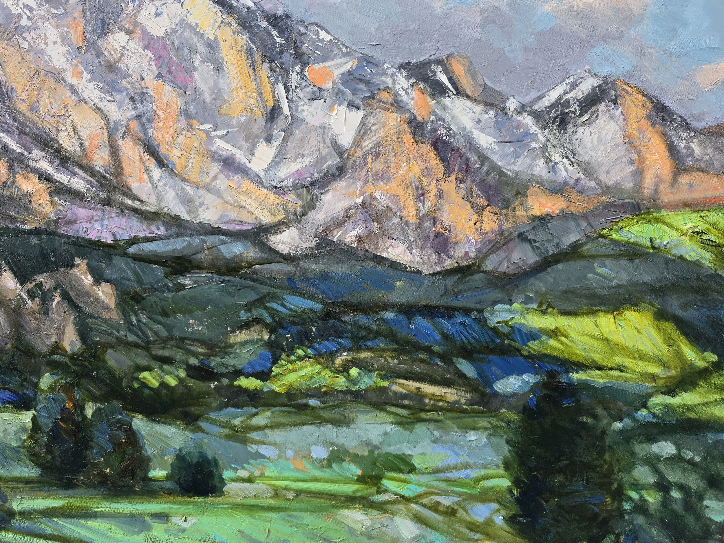 Golden Peaks abstract oil painting gold tones textured contemporary art