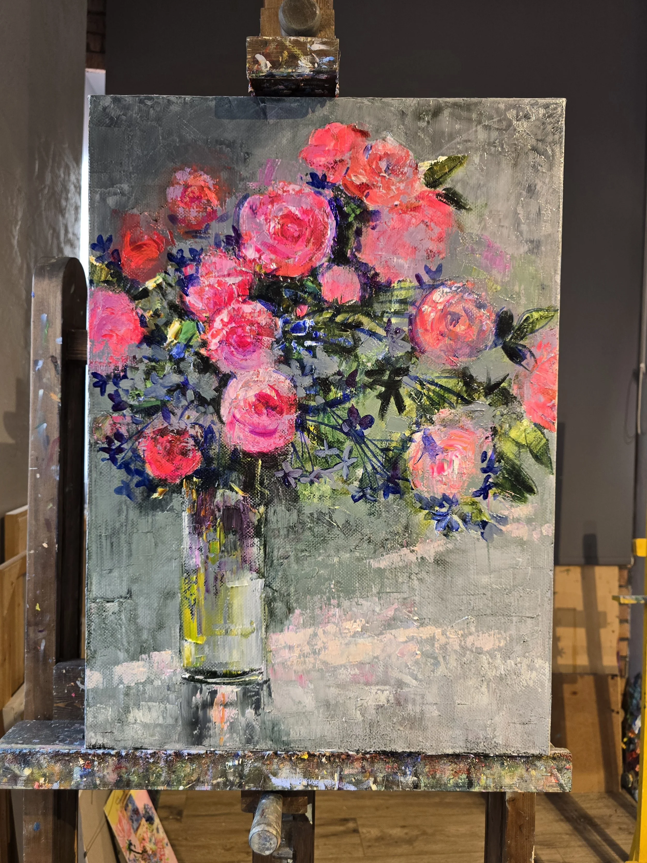 energy of roses abstract oil painting impressionist floral art red pink roses textured