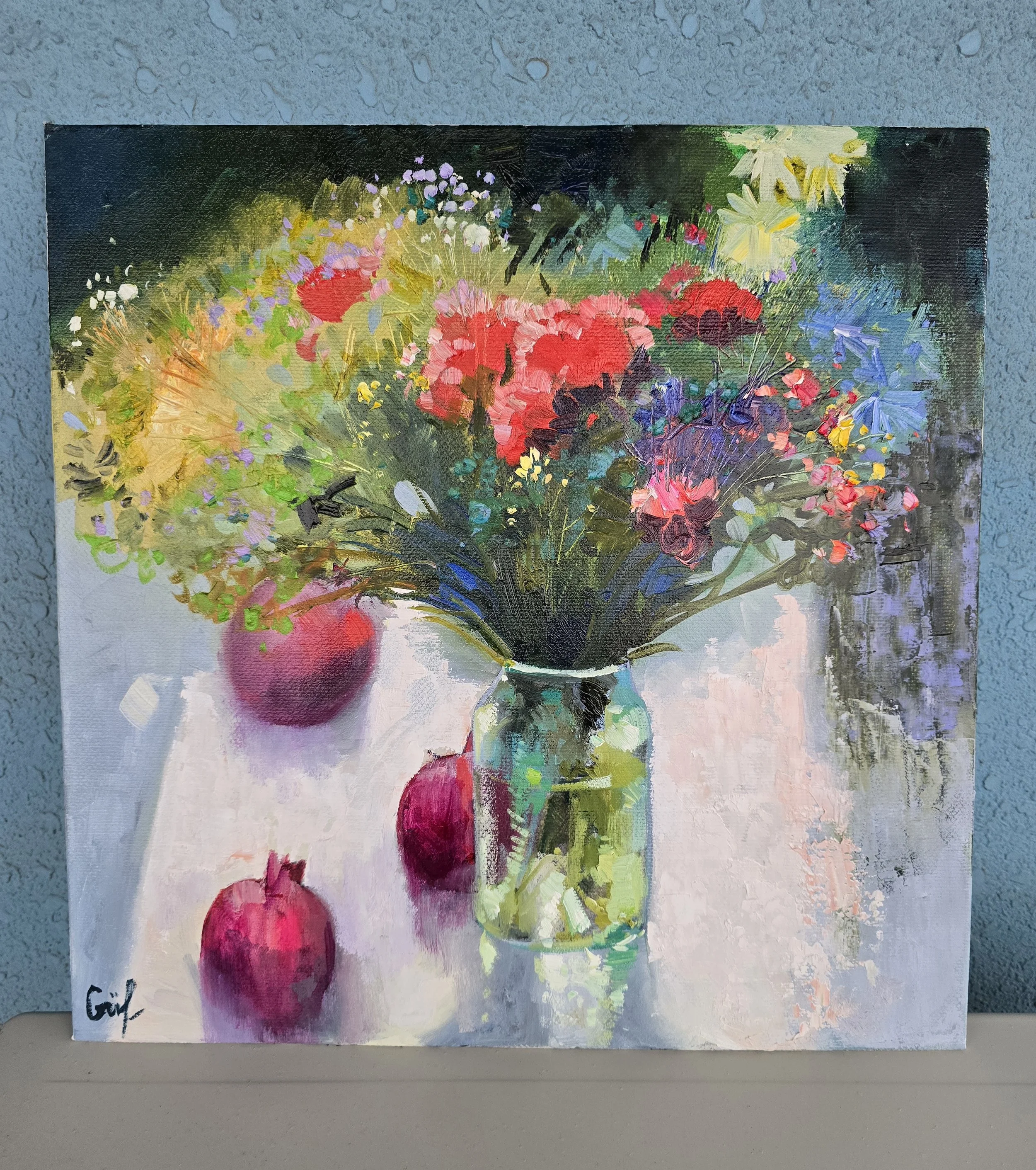 garden in glass still life oil painting flowers in vase impressionist art pomegranate