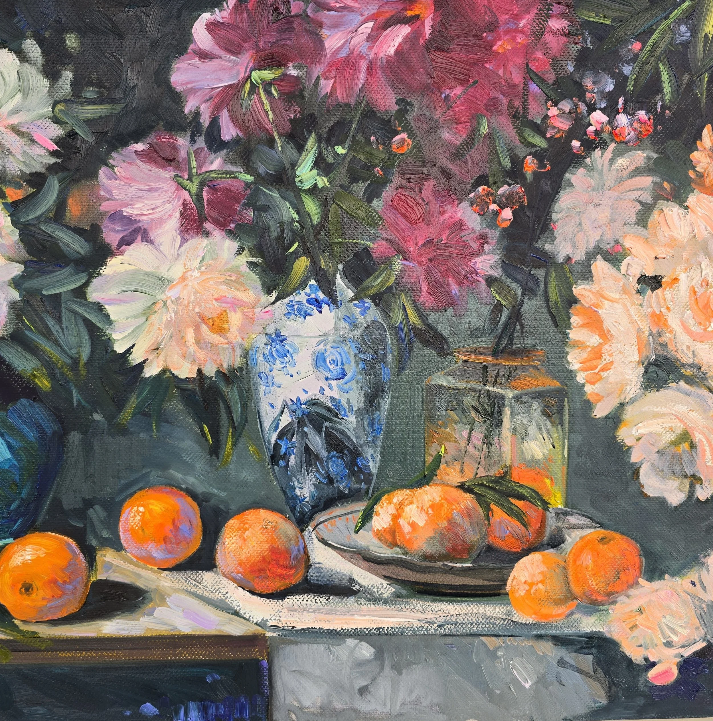 still life oil painting peonies and oranges flowers fruit composition colorful art