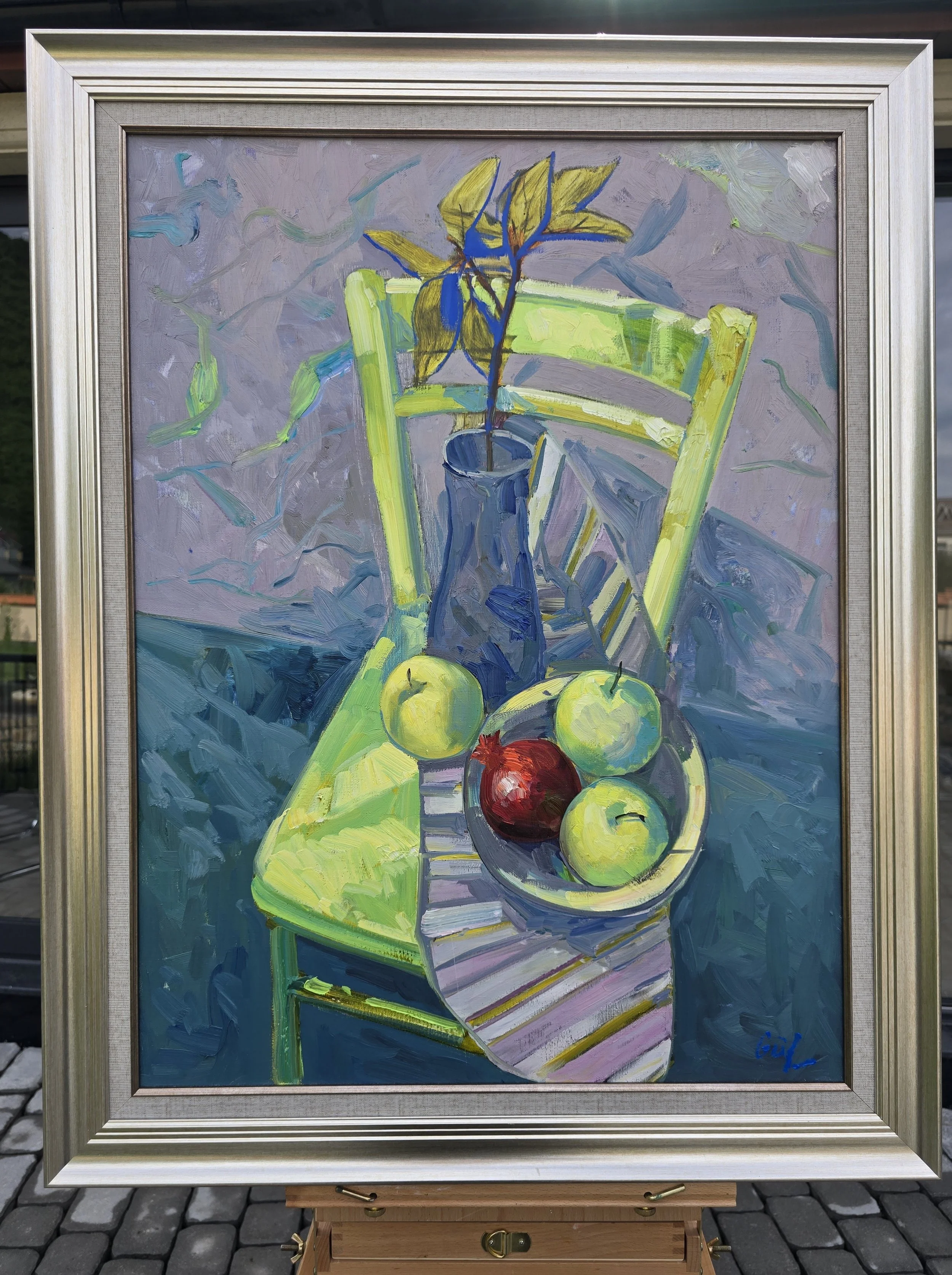still life oil painting with limes and fruit on a light green chair geometric lines composition