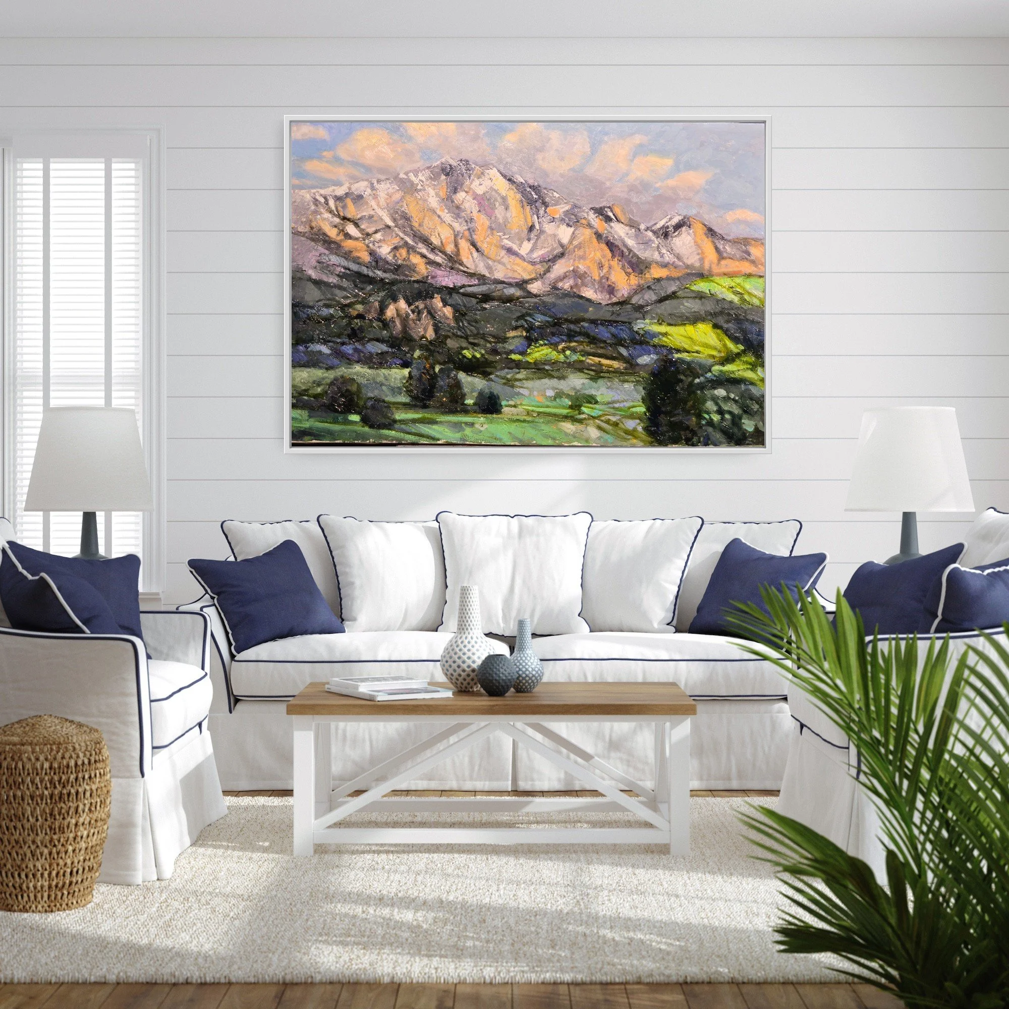 Mountains impressionist oil painting gold tones textured contemporary art