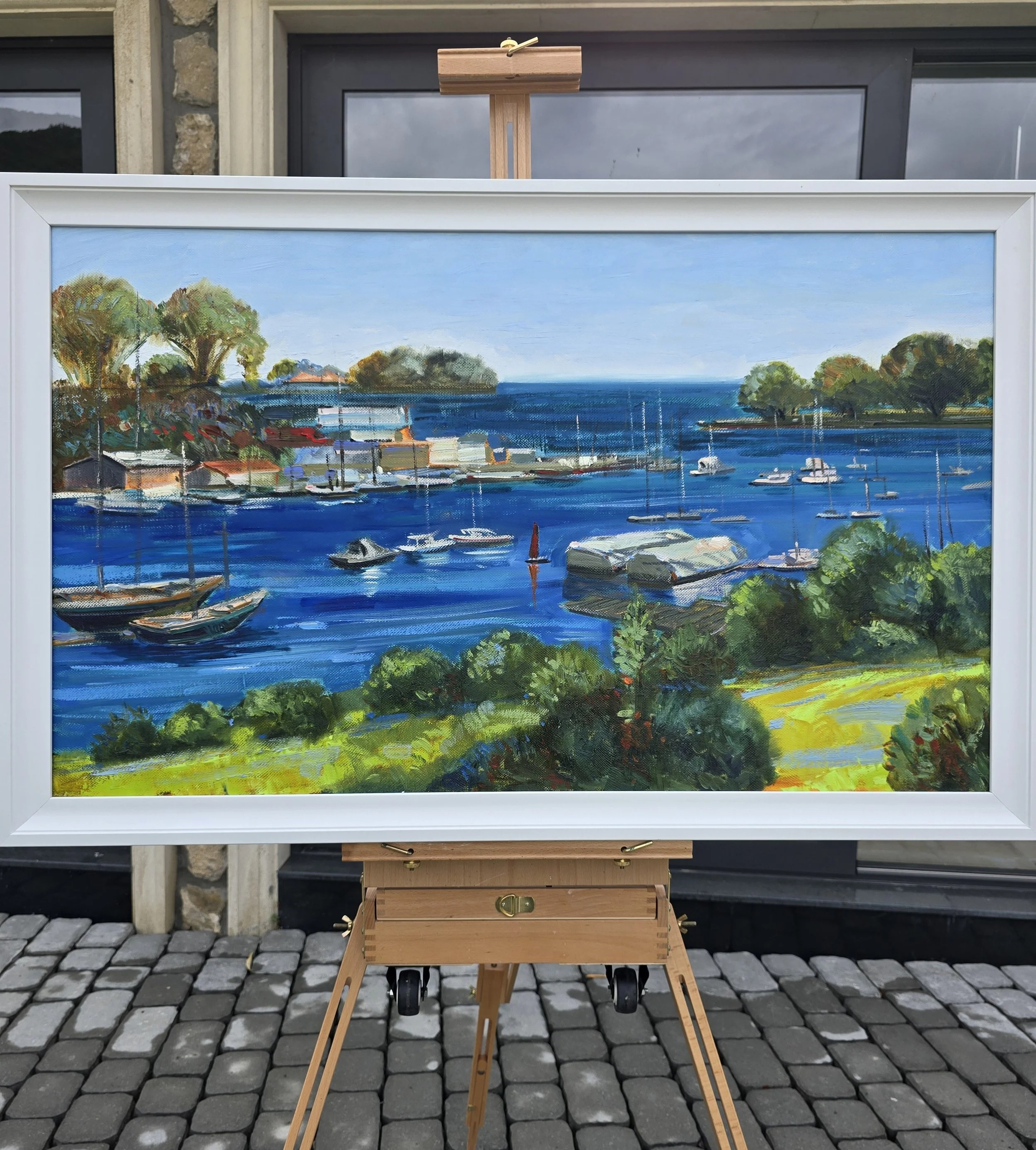 boats in coastal inlet painting vibrant colors greenery shoreline seascape