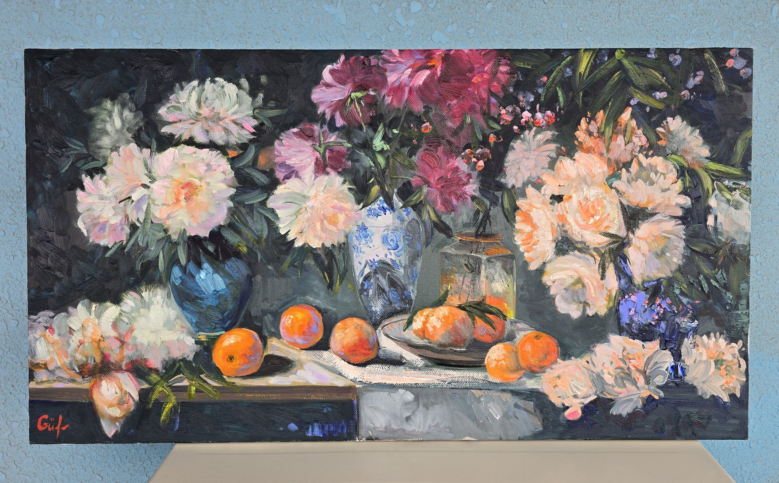 still life oil painting peonies and oranges flowers fruit composition colorful art
