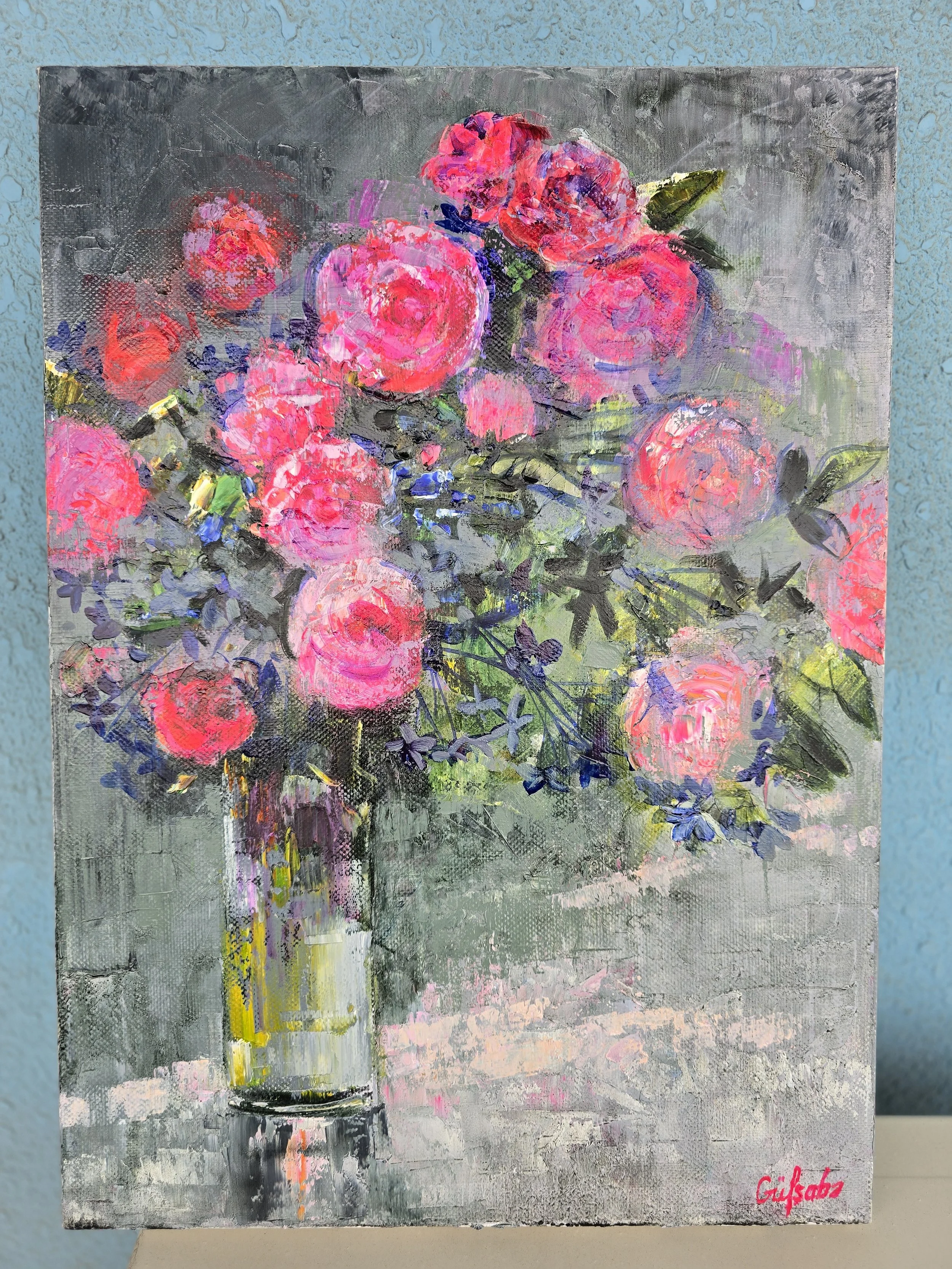 energy of roses abstract oil painting impressionist floral art red pink roses textured