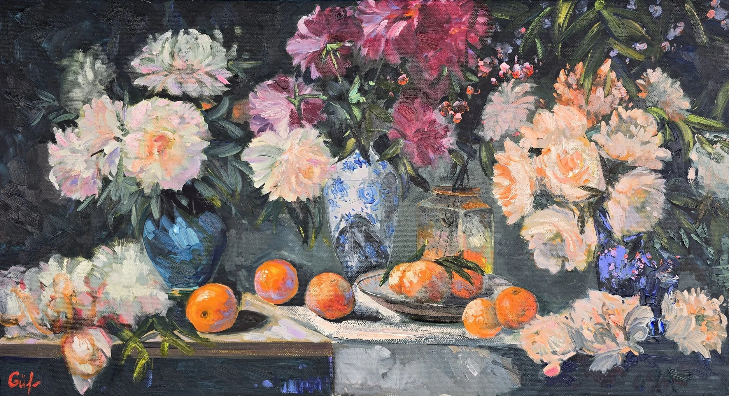Painting of a still life with flowers in vases, oranges, and a blue and white patterned object, set on a dark background.