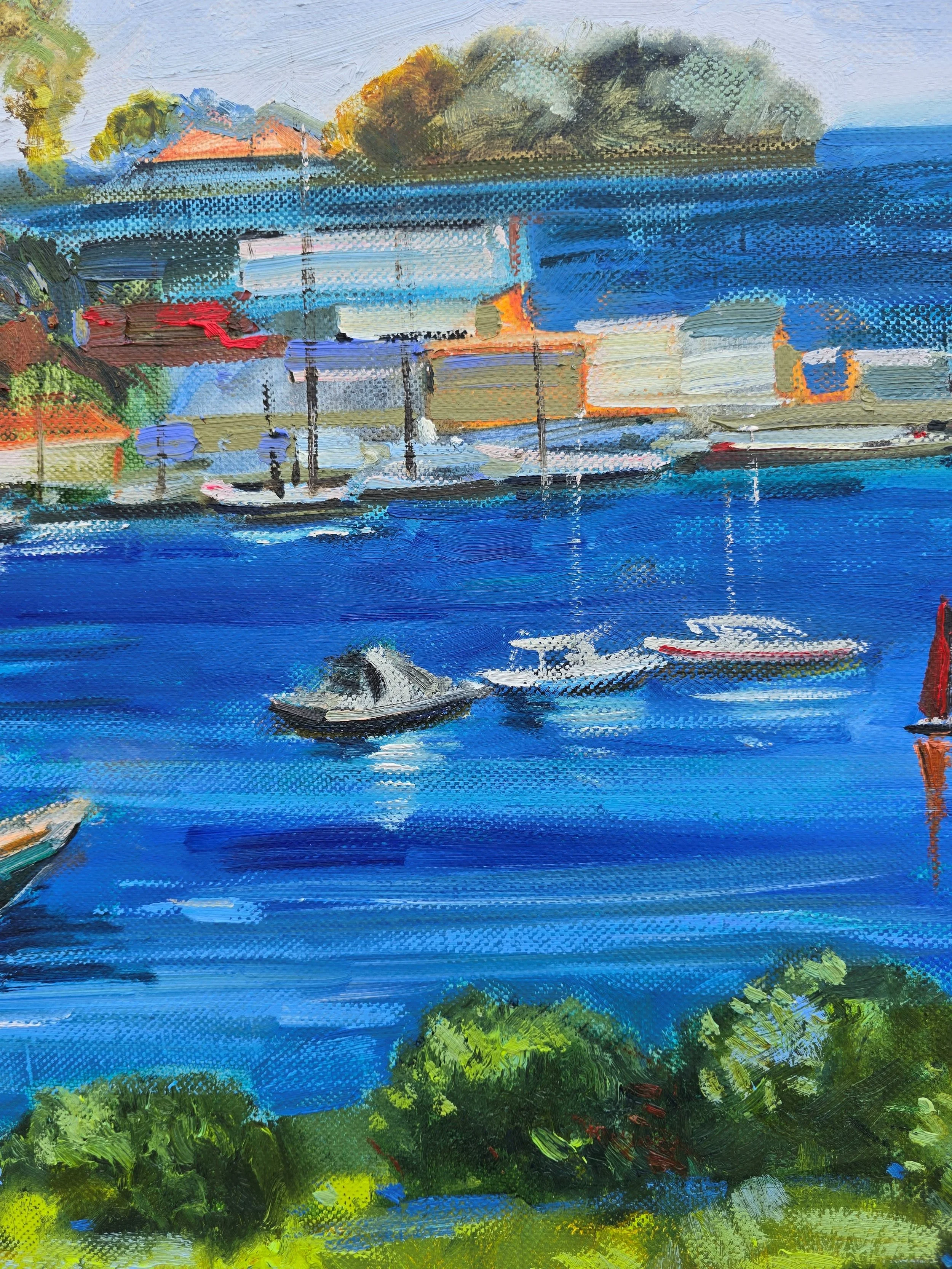 colorful seascape painting boats calm blue water peaceful coastal scene