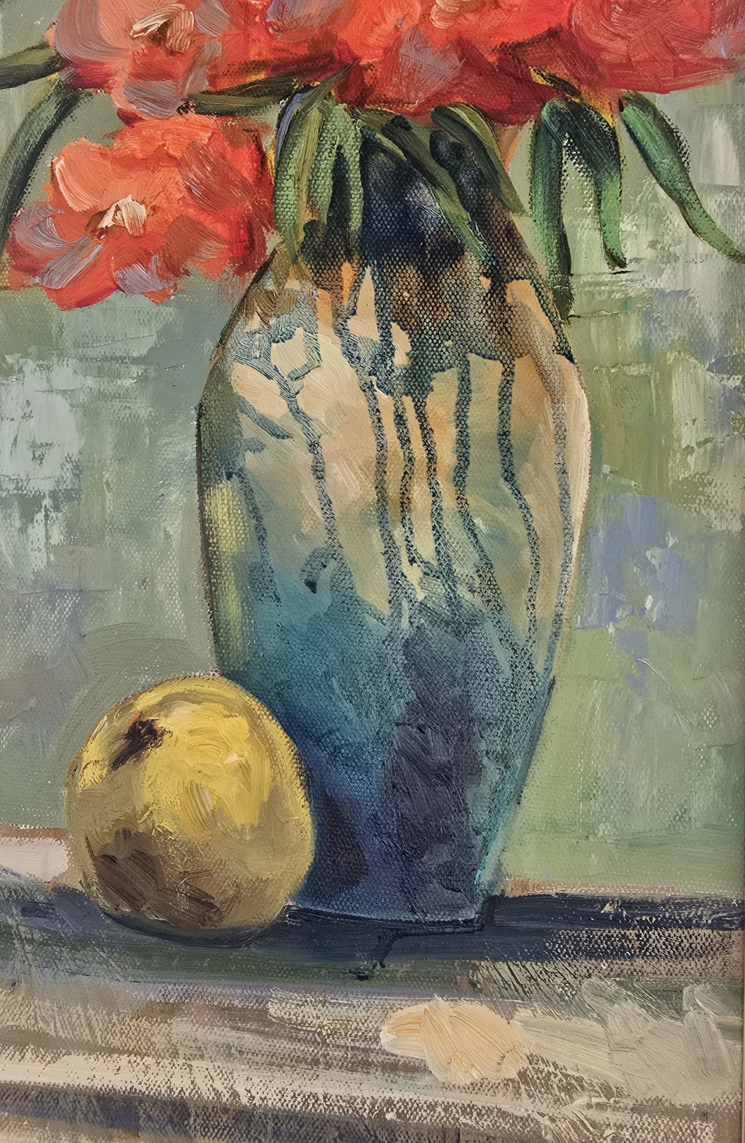 Lush Harmony impressionist oil painting flowers vase art close up details