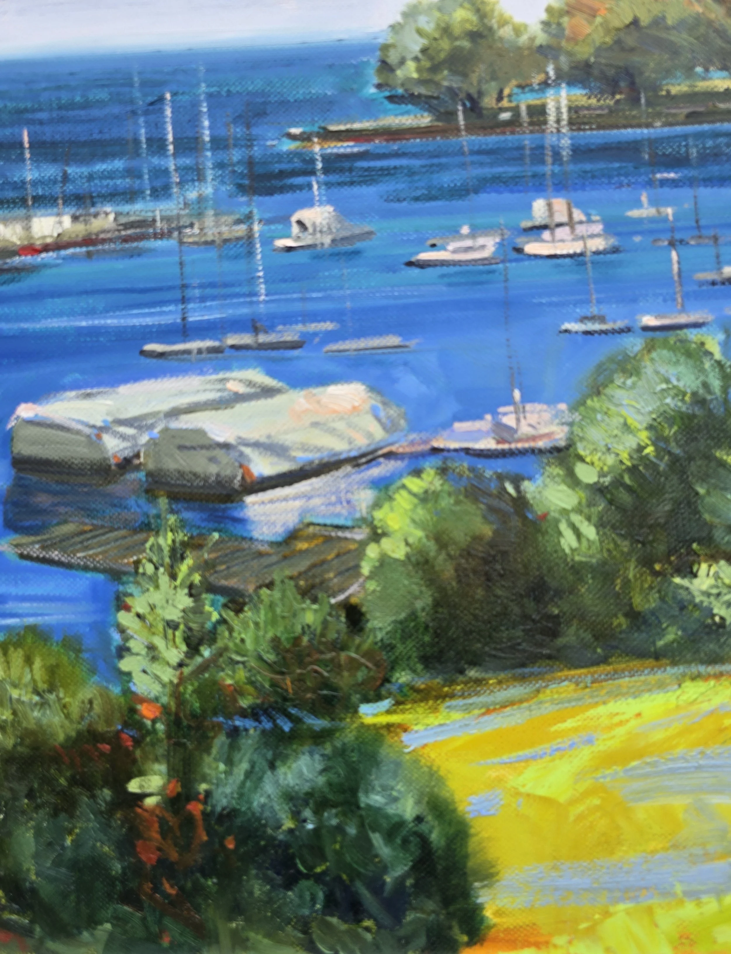 colorful seascape painting boats calm blue water peaceful coastal scene