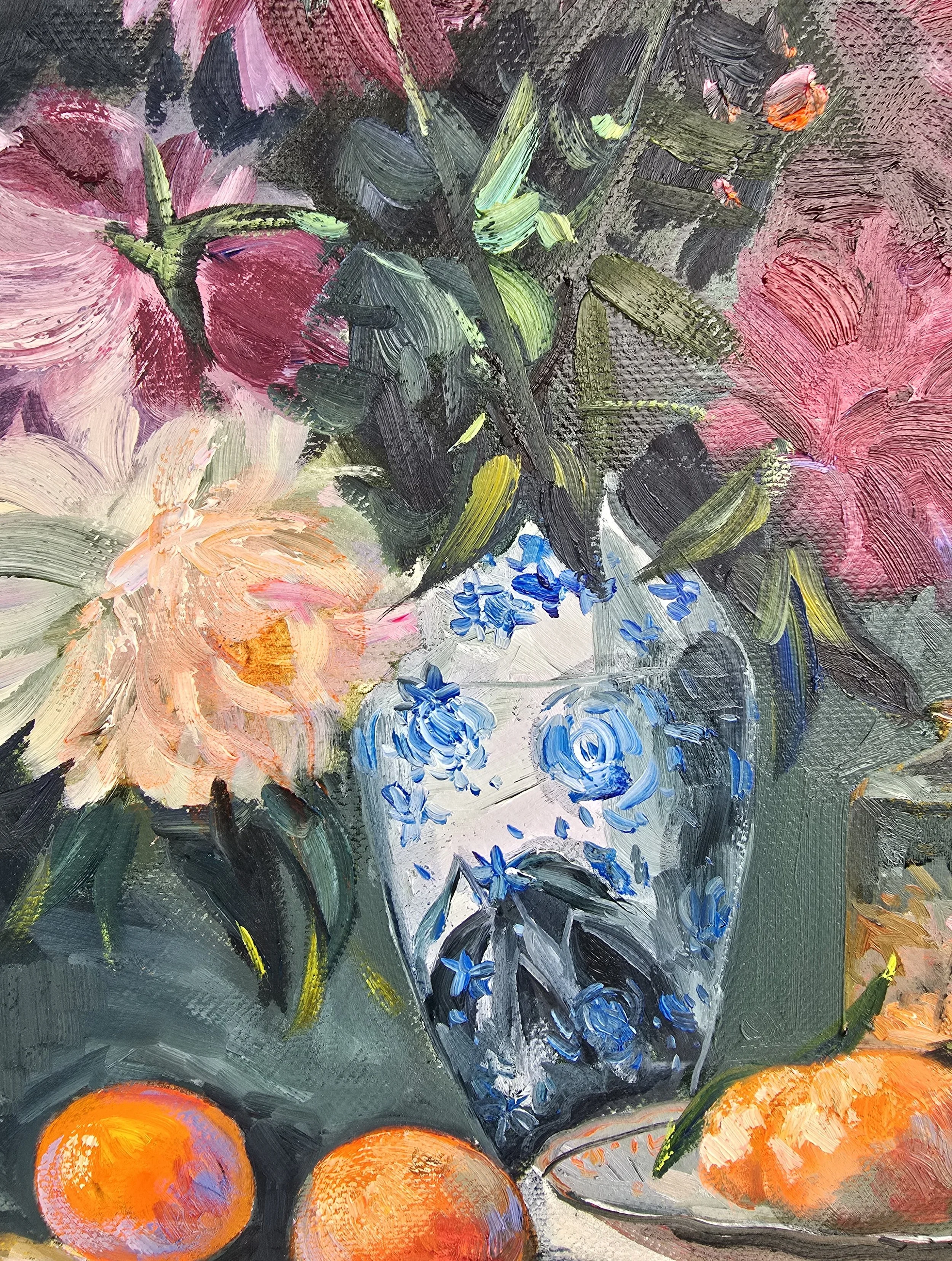 still life oil painting peonies and oranges flowers fruit composition colorful art