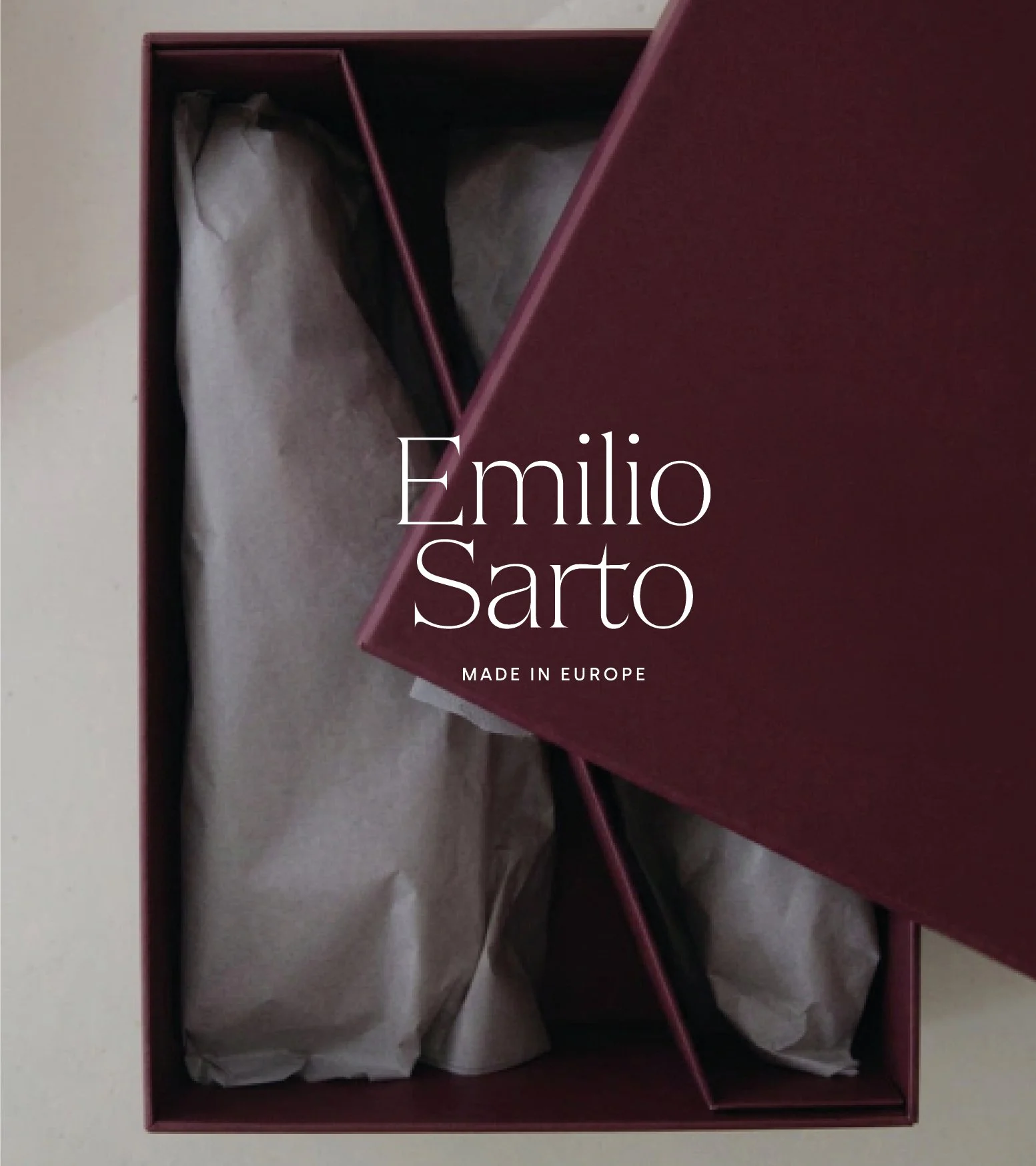 Emilio Sarto, made in europe, germany, munich, Logo, CI, Schuhkarton, BestSecret, Branding Agentur Munich, Fashion und Lifestyle, Fotografie, AI