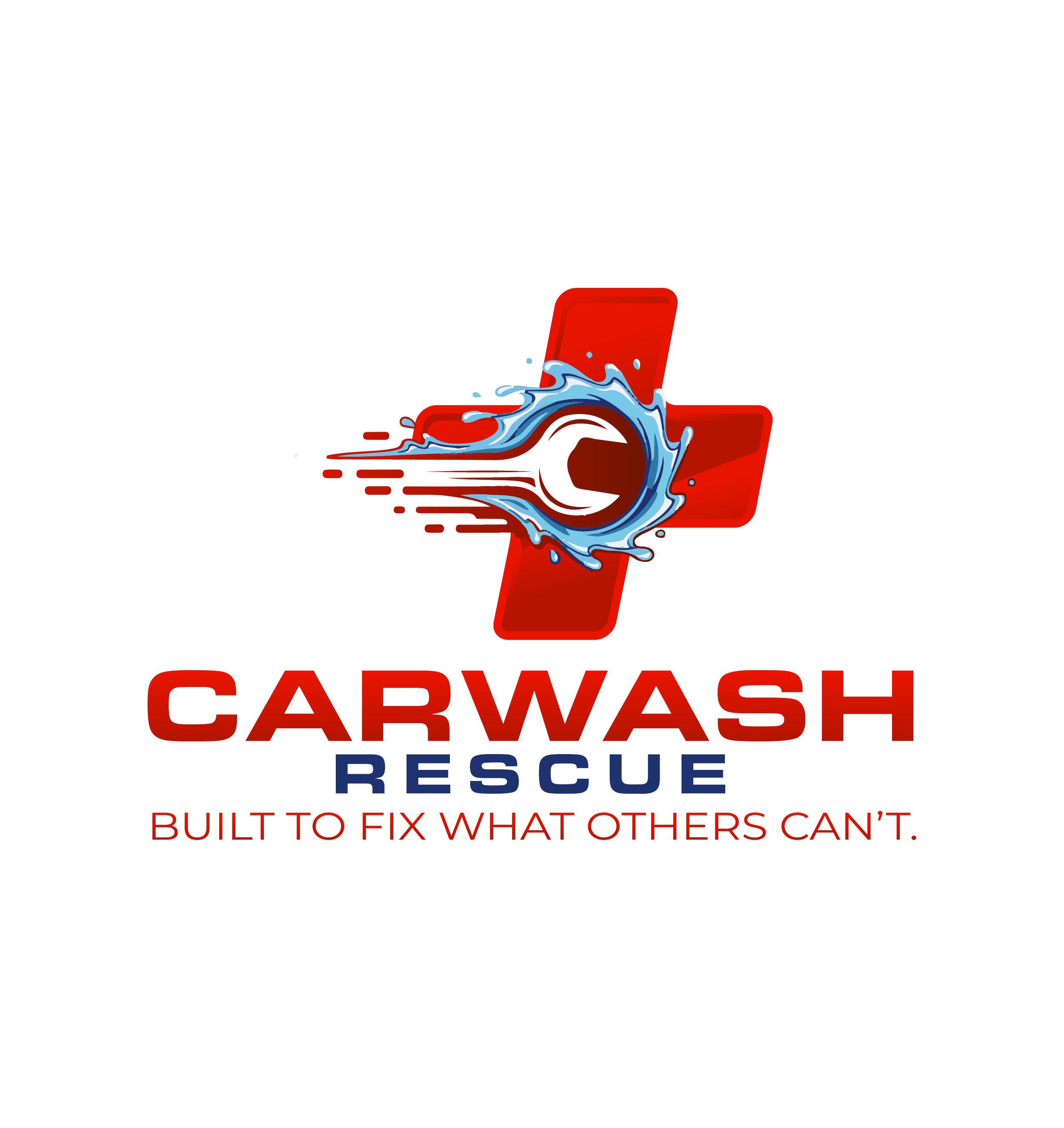 A logo for Car Wash Rescue features a red cross with a water splash resembling a wrench, and the words 'Car Wash Rescue' in bold red and blue text. The tagline reads 'Built to Fix What Others Can't.'