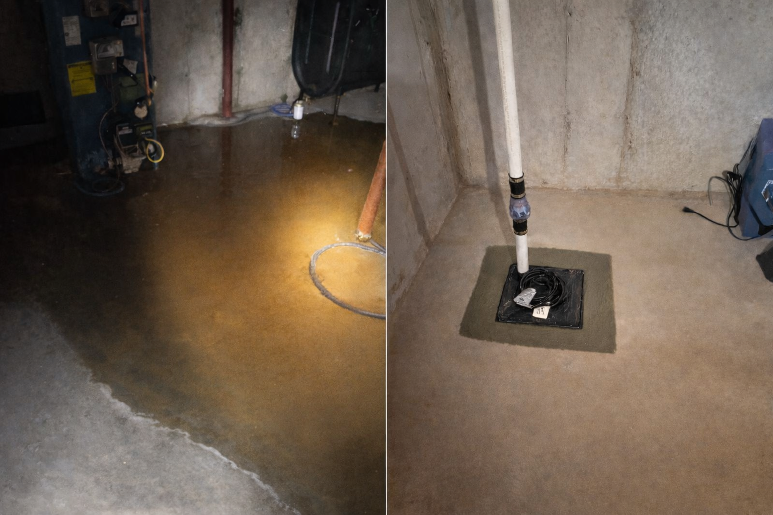 Basement flood before and after