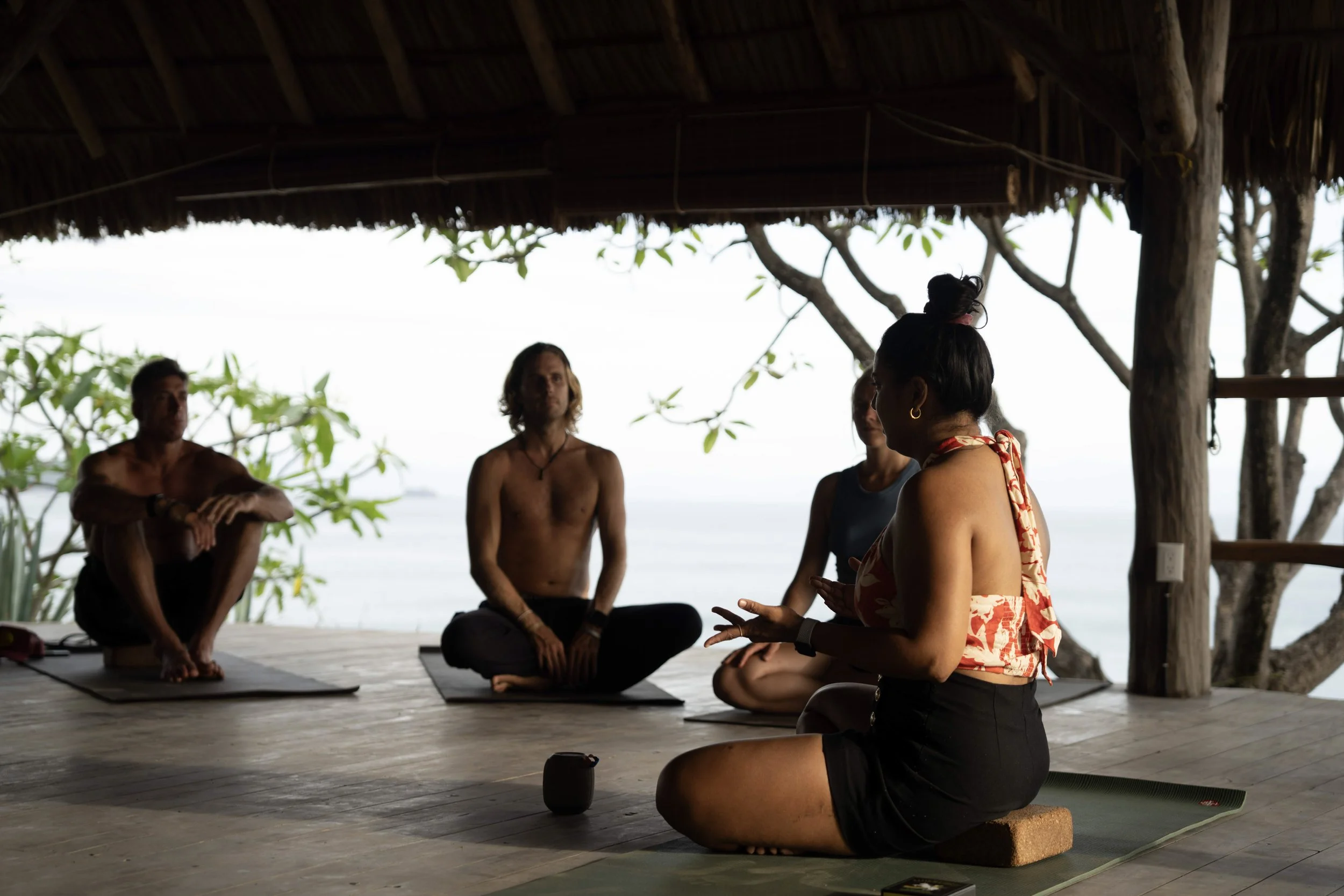 A group of people participating in a meditation or mindfulness session outdoors, sitting on mats under a thatched roof near the water, with trees and sky in the background.