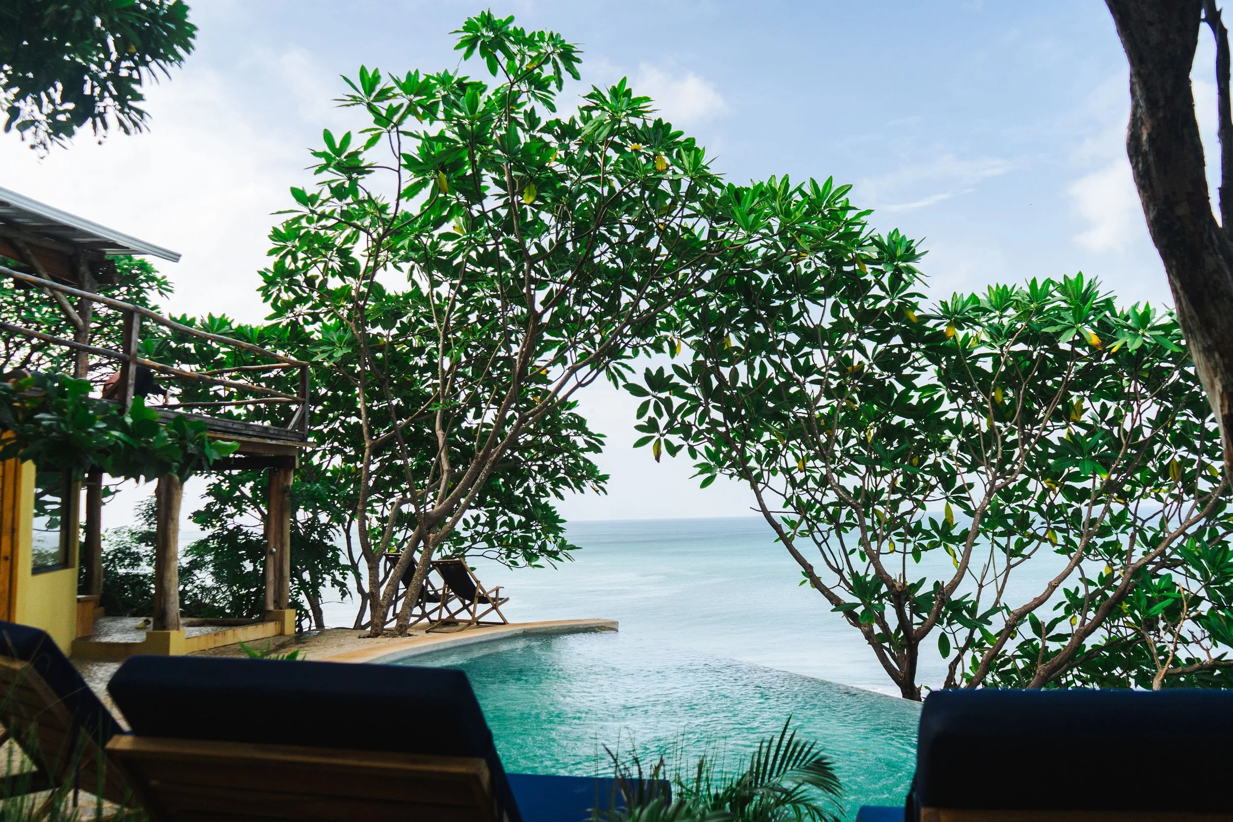 A tropical beachfront scene with an infinity pool overlooking the ocean, surrounded by lush green trees and tropical plants. There are lounge chairs near the pool, and a yoga platform and a building visible on the left side.