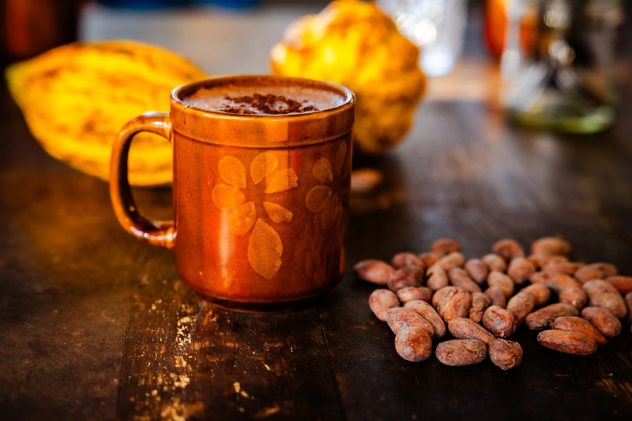 A ceramic mug filled with hot chocolate topped with whipped cream and sprinkled with cocoa powder. Behind it are gourds and some scattered cocoa beans on a dark surface, creating a cozy autumn scene.