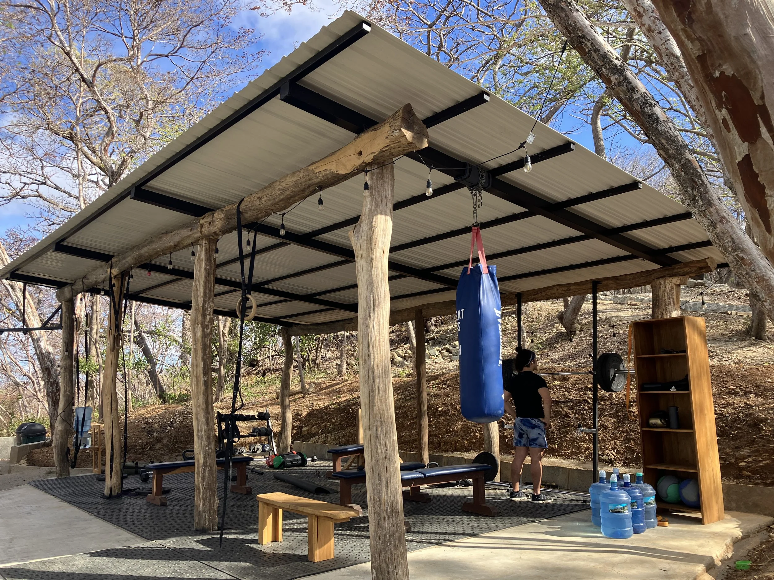 An outdoor gym area with a metal roof supported by wooden beams and logs. There are fitness equipment including a punching bag, water bottles, and a bookshelf on the right. The background shows trees with blossoming branches and a bright blue sky.