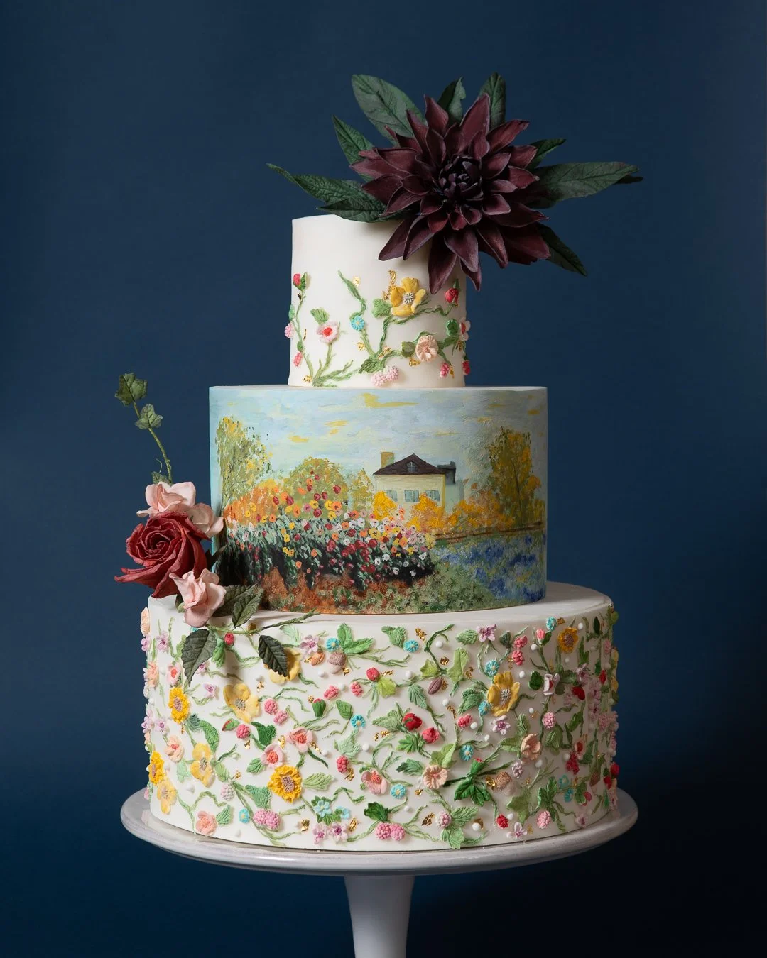 Monet Le Jardin hand painted wedding cake with deep purple dahlia 