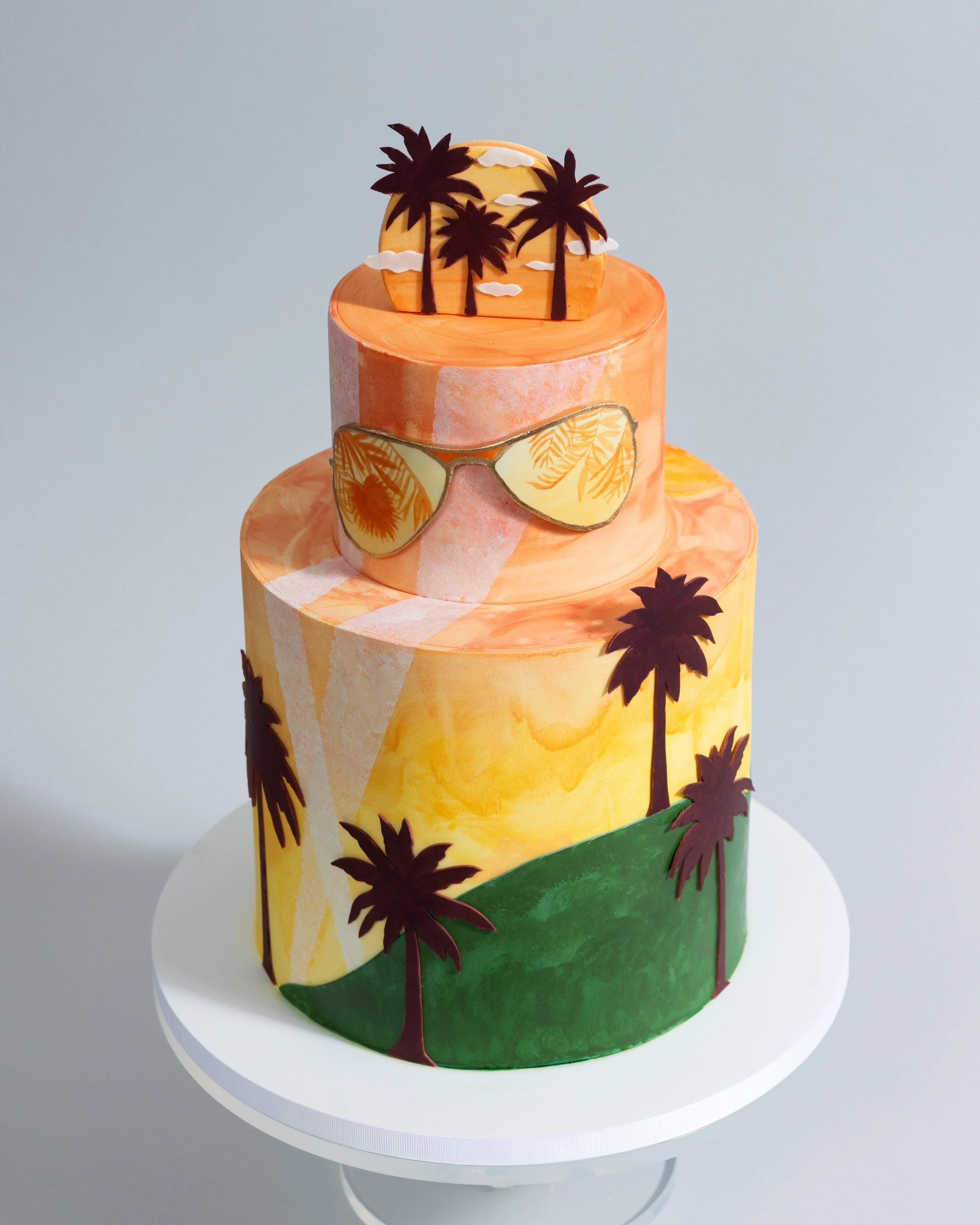 Once Upon a Time in Hollywood men's birthday cake with palm trees and sunglasses