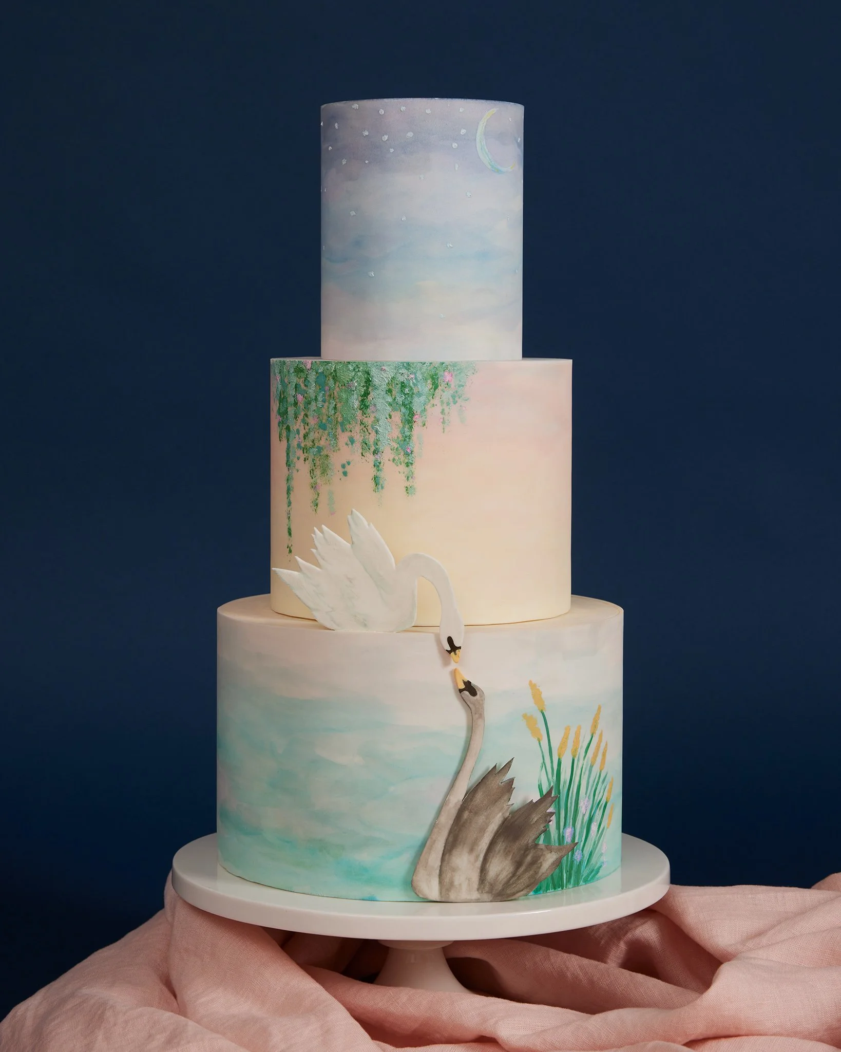 Gemini swan cake with hand painted romantic lake background New York