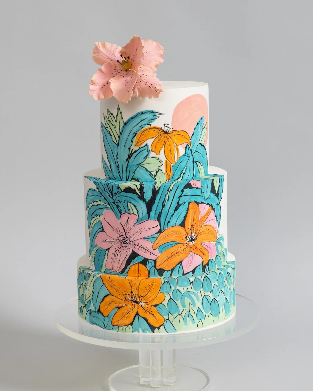 Hand painted Vera Neumann inspired tropical cake with parrot tulip