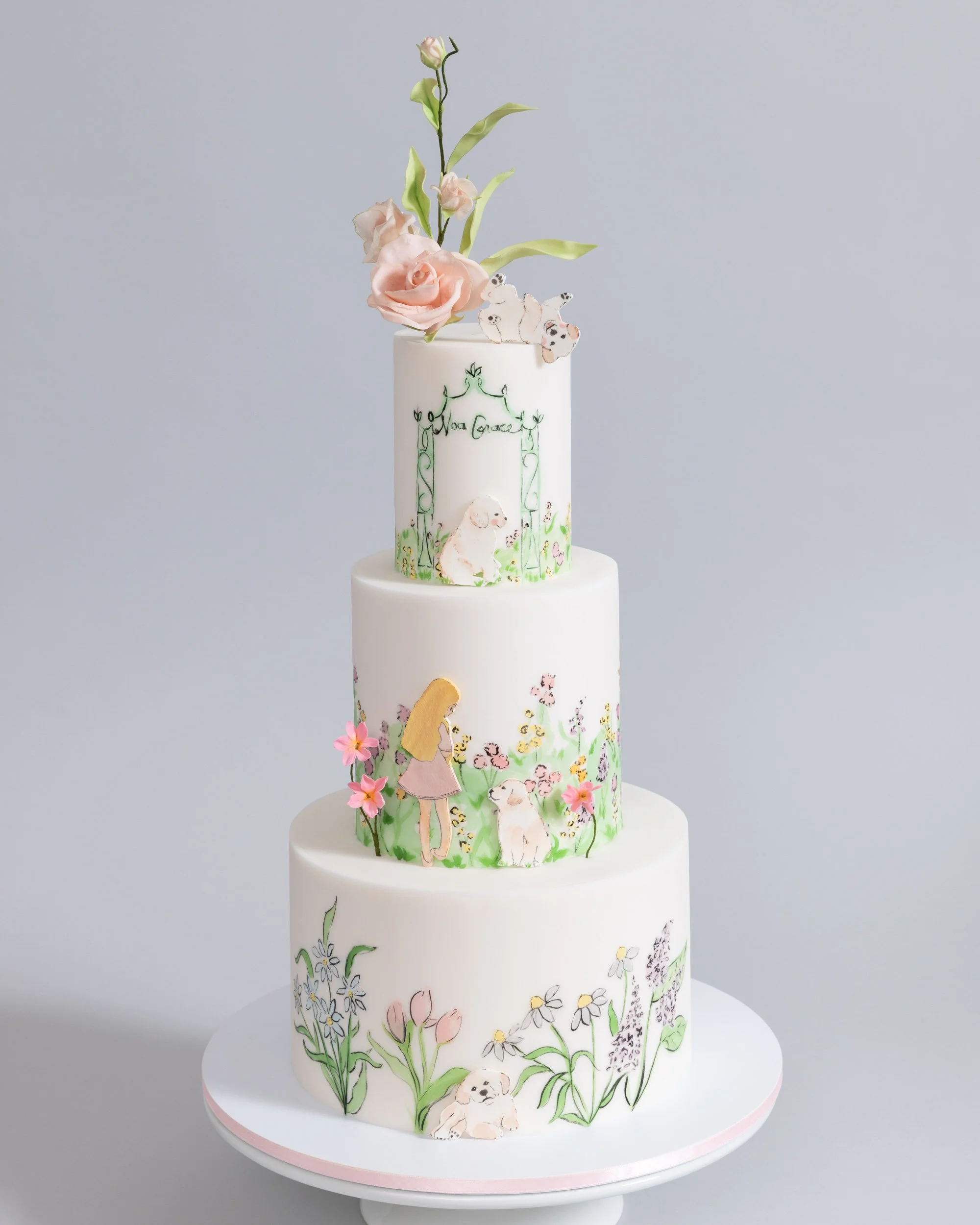 Three tier girl's birthday cake with hand painted garden puppies New York