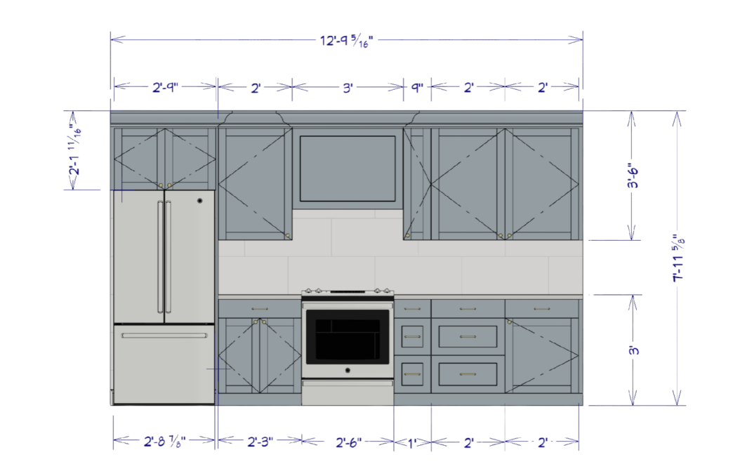 Kitchen cabinet layout with detailed measurements.