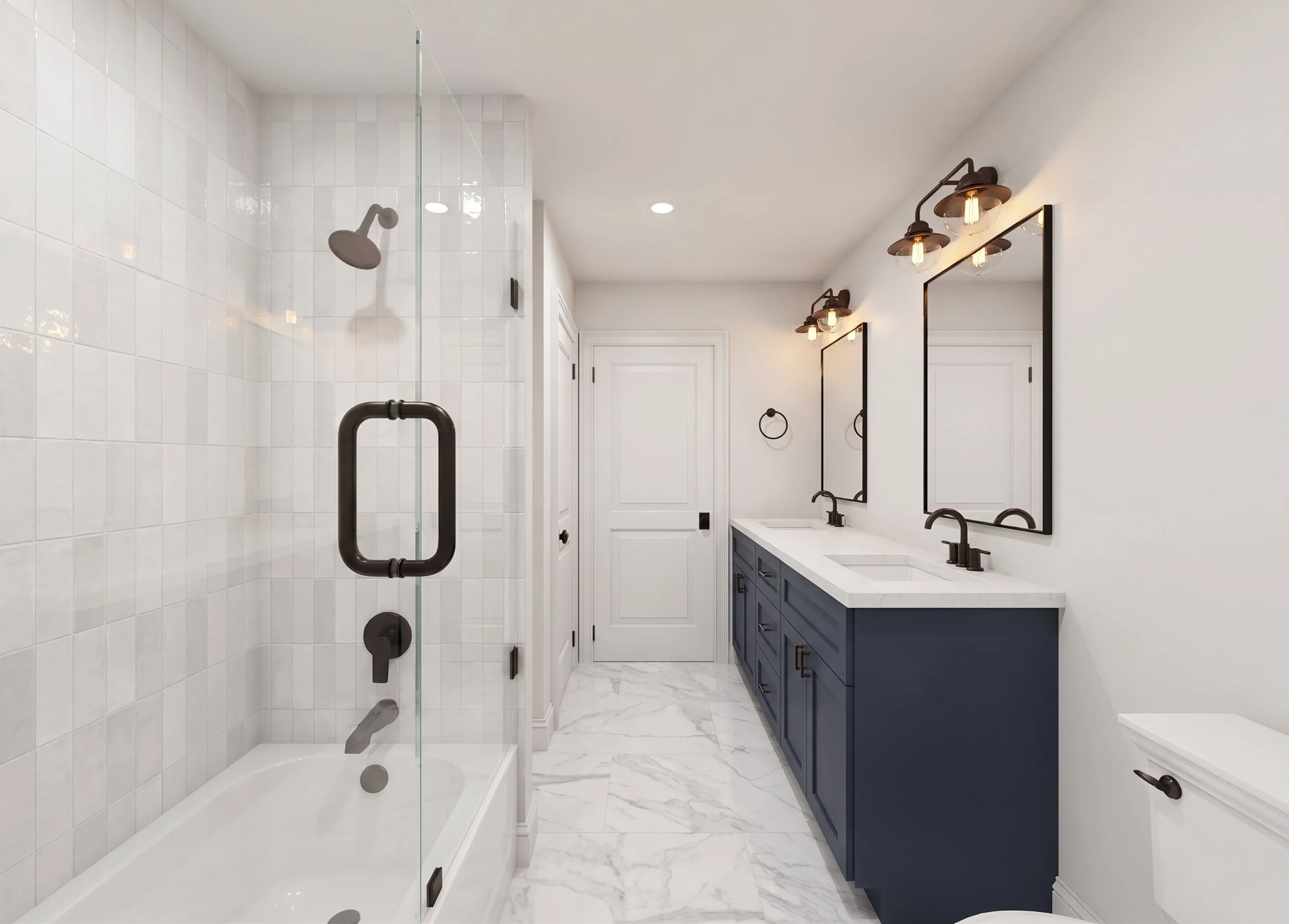 Modern bathroom with a walk-in glass shower, white tile walls, marble floor, navy blue vanity, two mirrors, and industrial-style light fixtures.