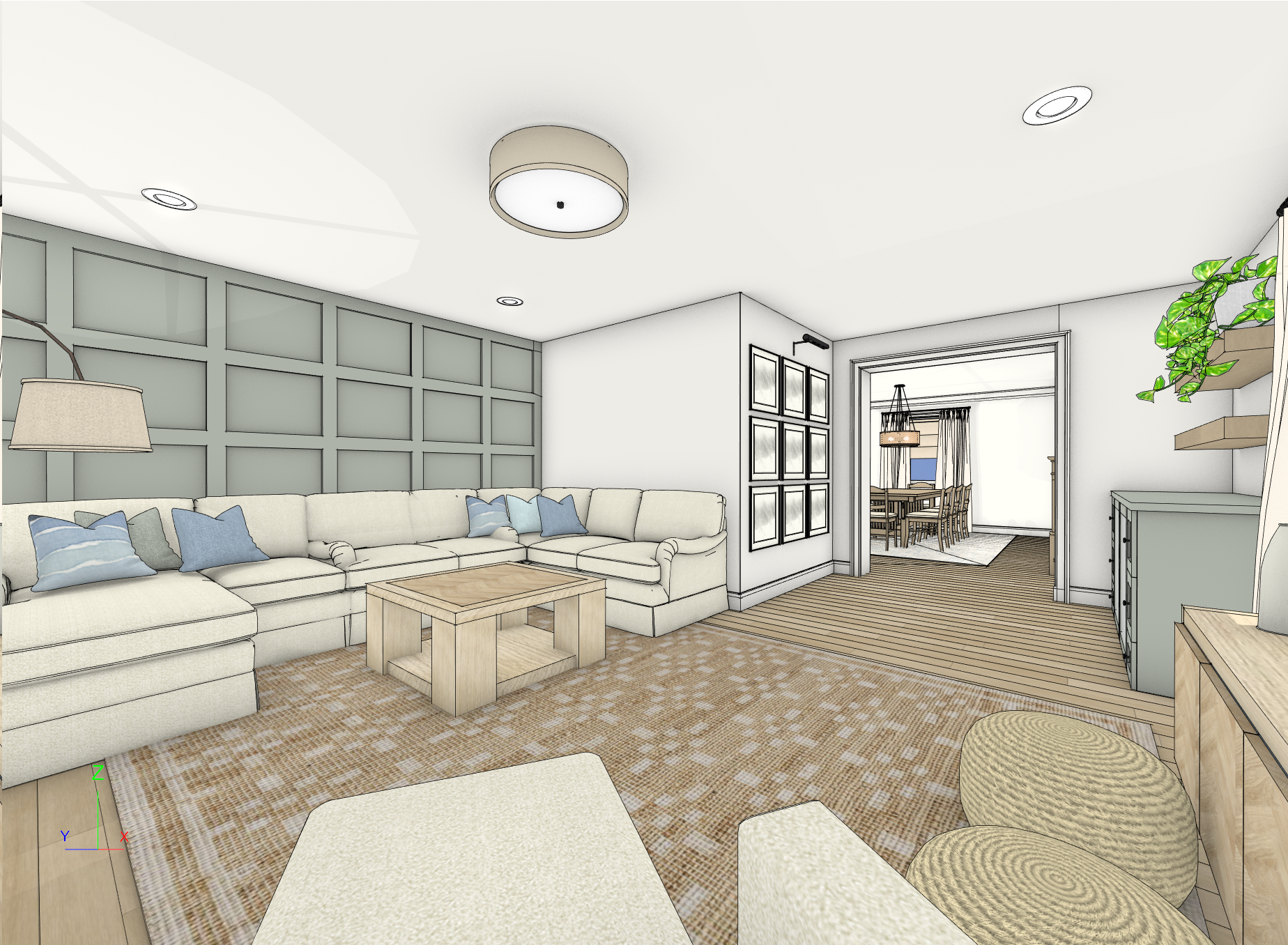 Interior of a living room with a large white sectional sofa with blue and white pillows, a wooden coffee table, a beige and brown patterned rug, wall-mounted shelves with plants, and a view into the dining room with a wooden table and chairs, lighting fixtures, and curtains.