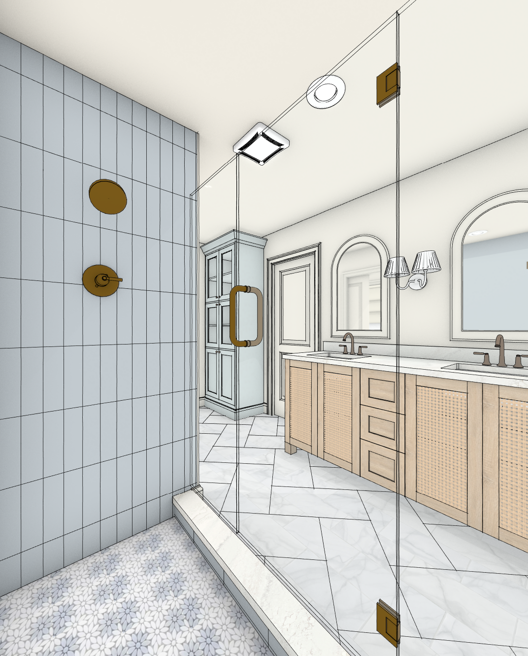 A bathroom with a glass shower enclosure, white tiled walls, and a vanity with two sinks, large mirrors, and wall-mounted lamps.