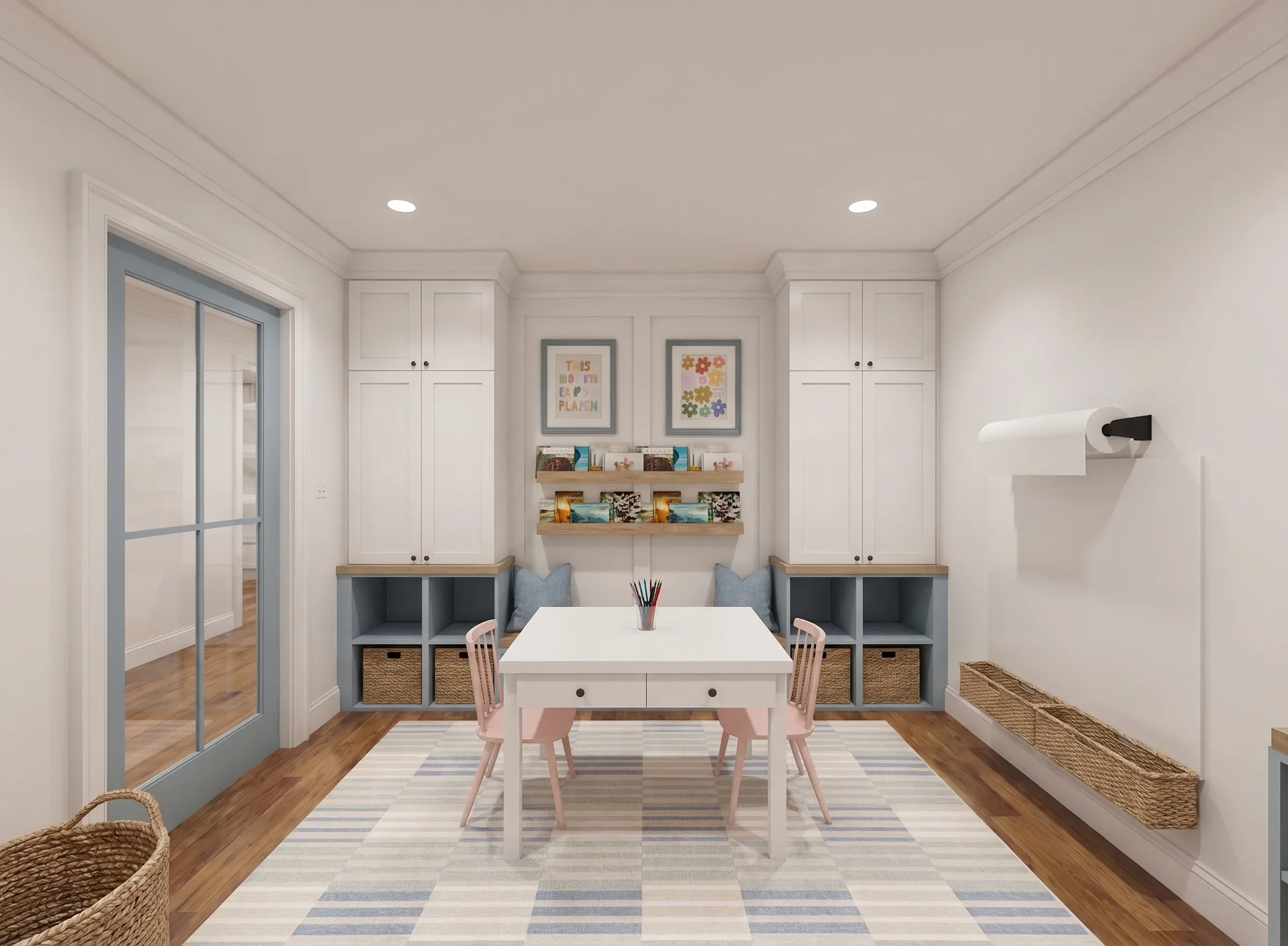 A cozy, well-lit children's playroom with white walls and cabinets, a small white table with pink chairs, a striped rug, and woven baskets for storage.