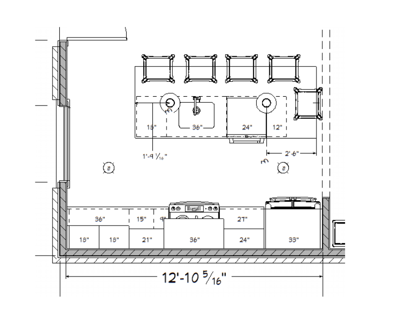 Architectural drawing of a kitchen layout with cabinets, appliances, and a counter, including measurements.