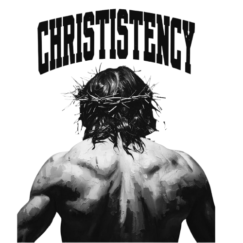 Illustration of Jesus Christ with a crown of thorns on his head, viewed from behind, with the word 'Christistency' above in bold letters.