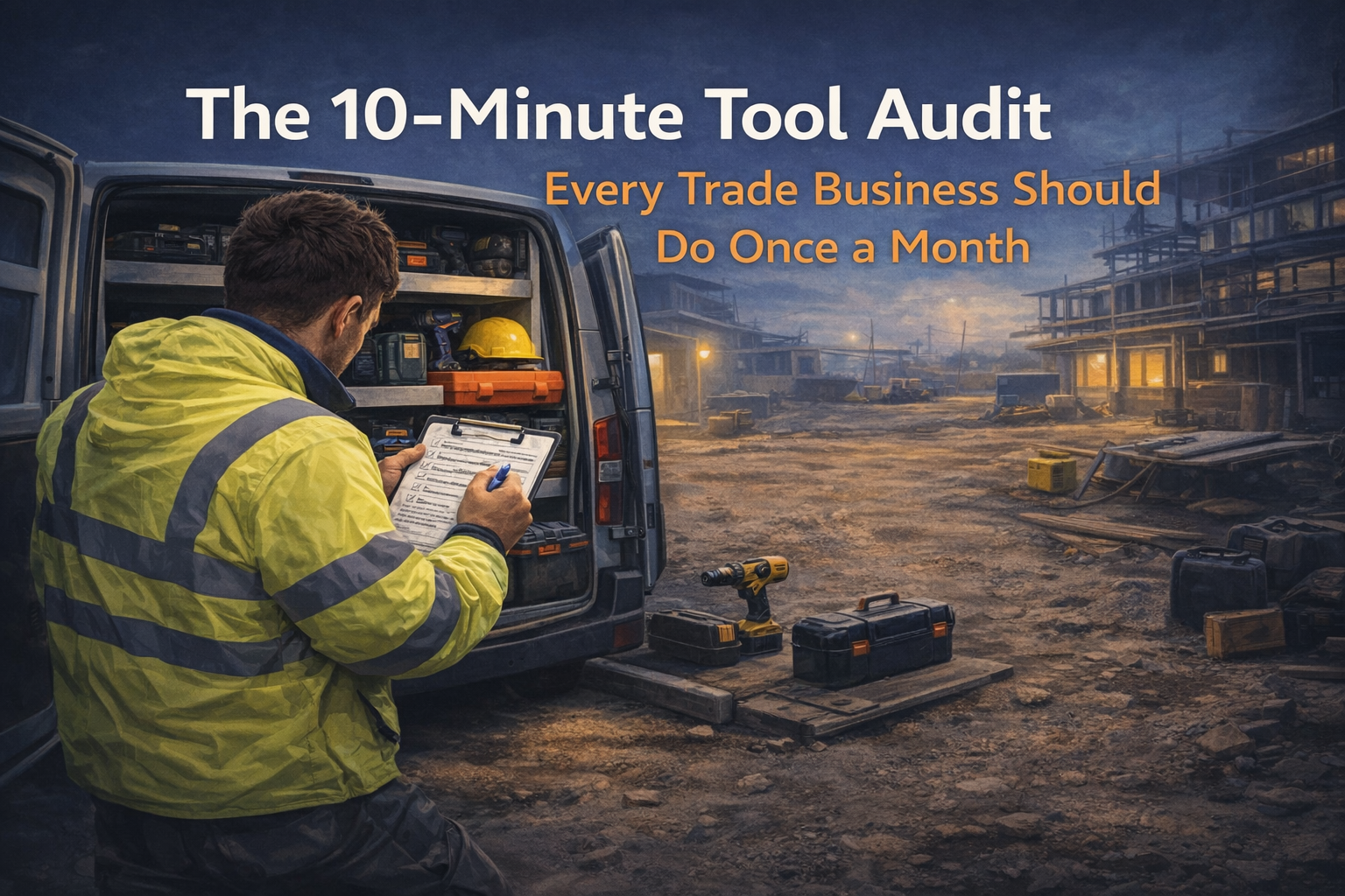 Tradesperson checking tools in a van with a checklist, showing a simple monthly tool audit process for small trade businesses