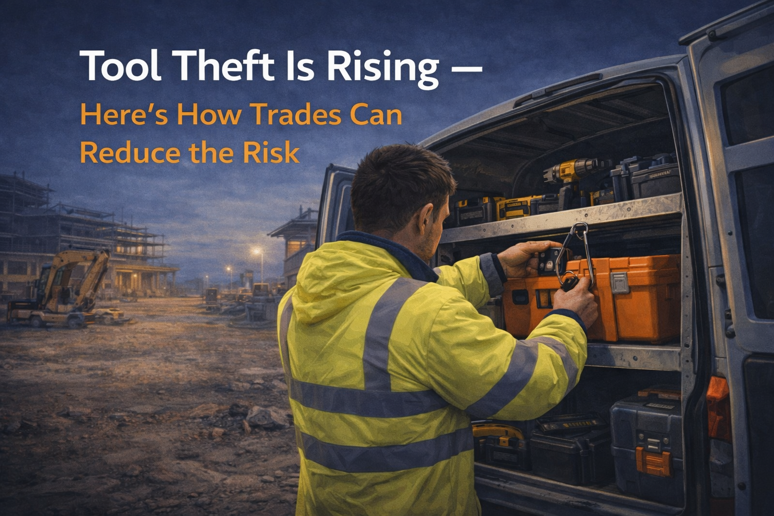 Tradesperson securing tools in a van at a construction site, highlighting practical steps to reduce the risk of tool theft