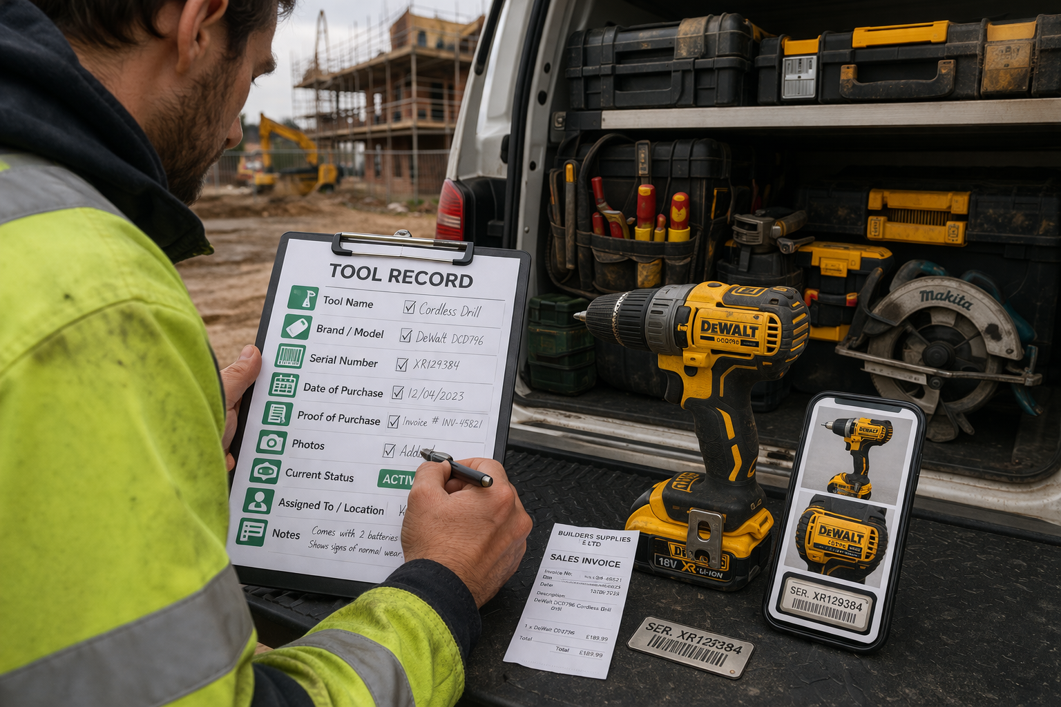 Tradesperson reviewing tool details on a checklist beside a van, showing the key information that should be recorded for each tool