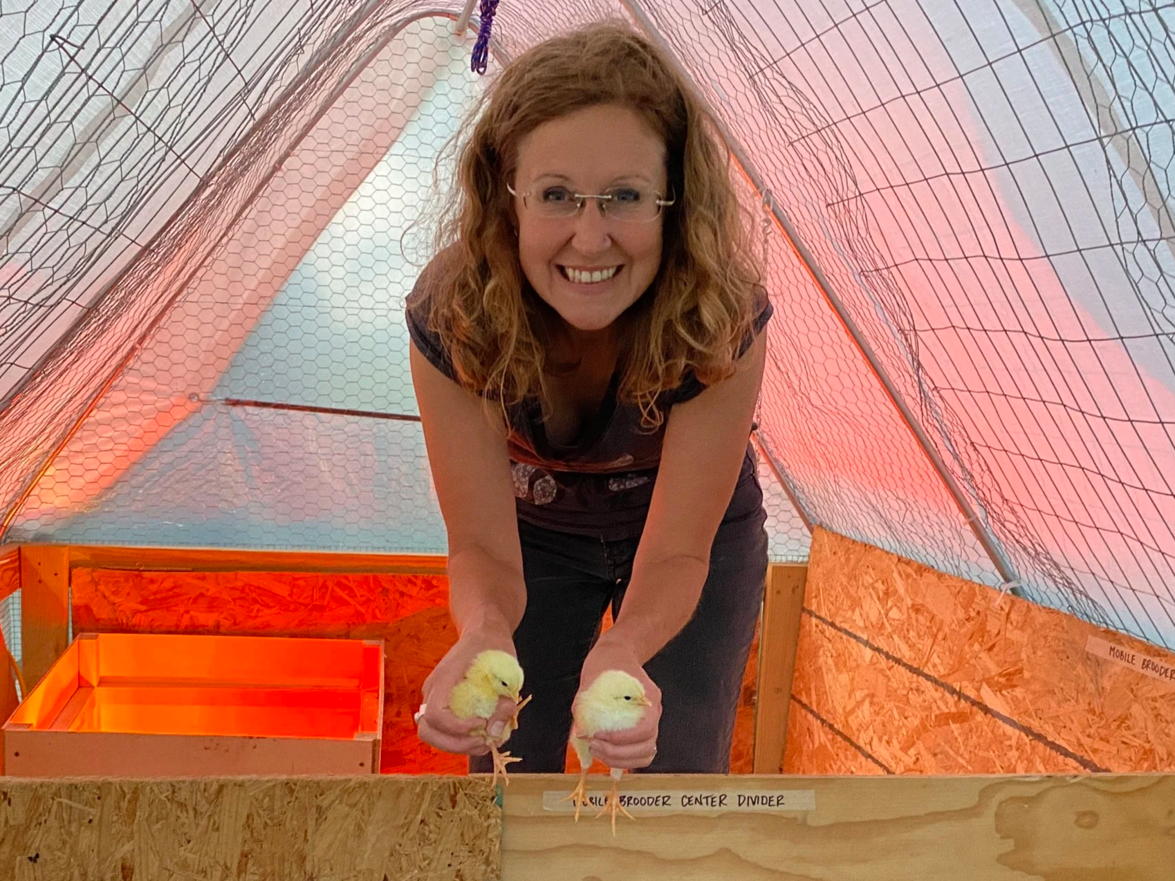 Owner and farmer Kathy Tomes holding young chicks