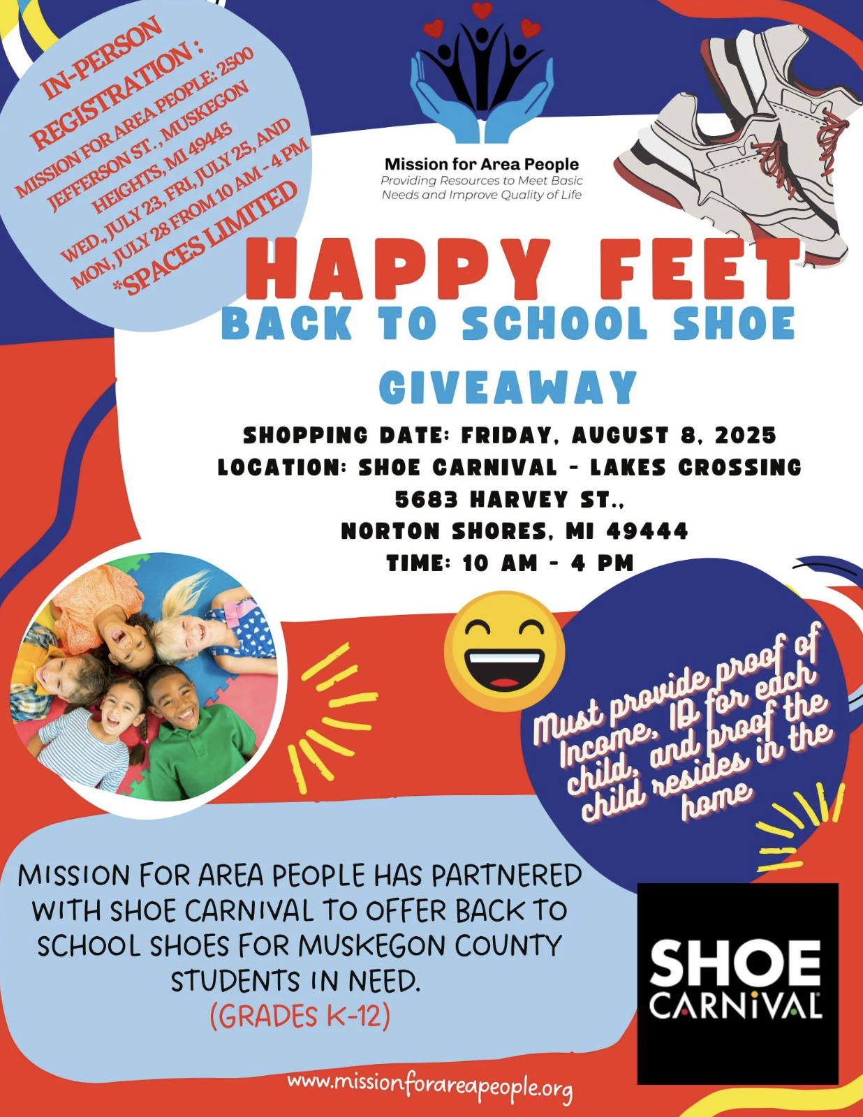 Mission for Area People is helping local kids (Grades K–12) step into the school year with new shoes!