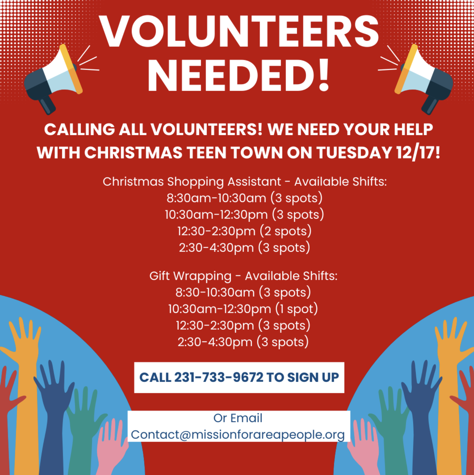 Volunteers needed at MAP on Tuesday, December 17th for our Teen Town Christmas program