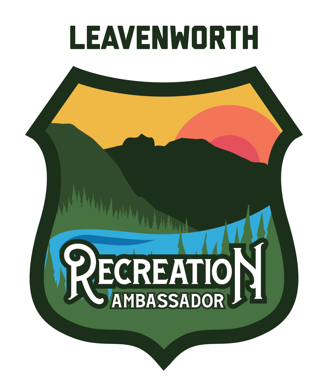 A logo for Leavenworth Recreation Ambassador featuring a mountain with a sunset, a river with trees, and the words 'Recreation Ambassador' in stylized font.